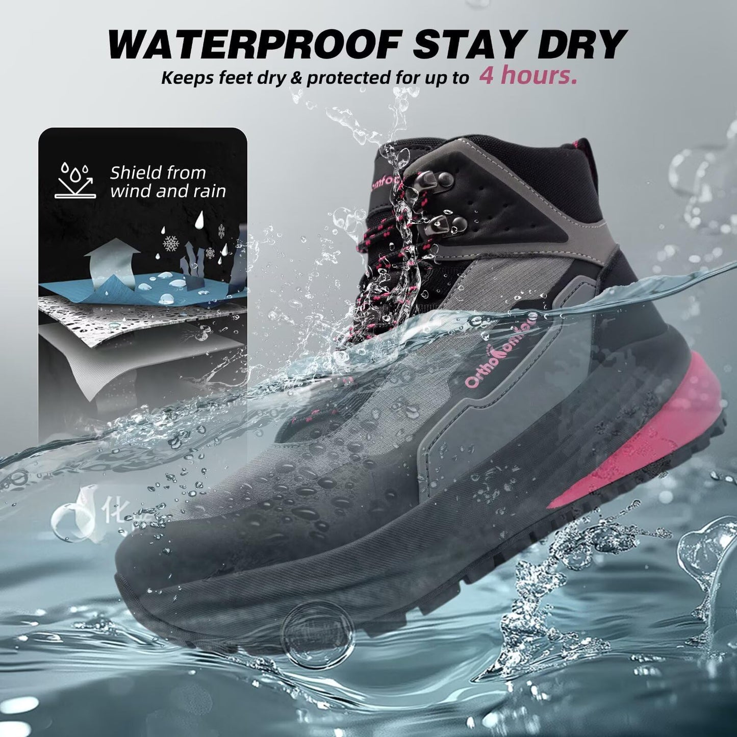 Women's Orthopedic Mid Trekking Hiking Boots: Plantar Fasciitis Orthotic Arch Support Bunions Recovery Fashion Boots, Comfortable Stylish Working Standing Walking Shoes Black Rose Red Size 8.5