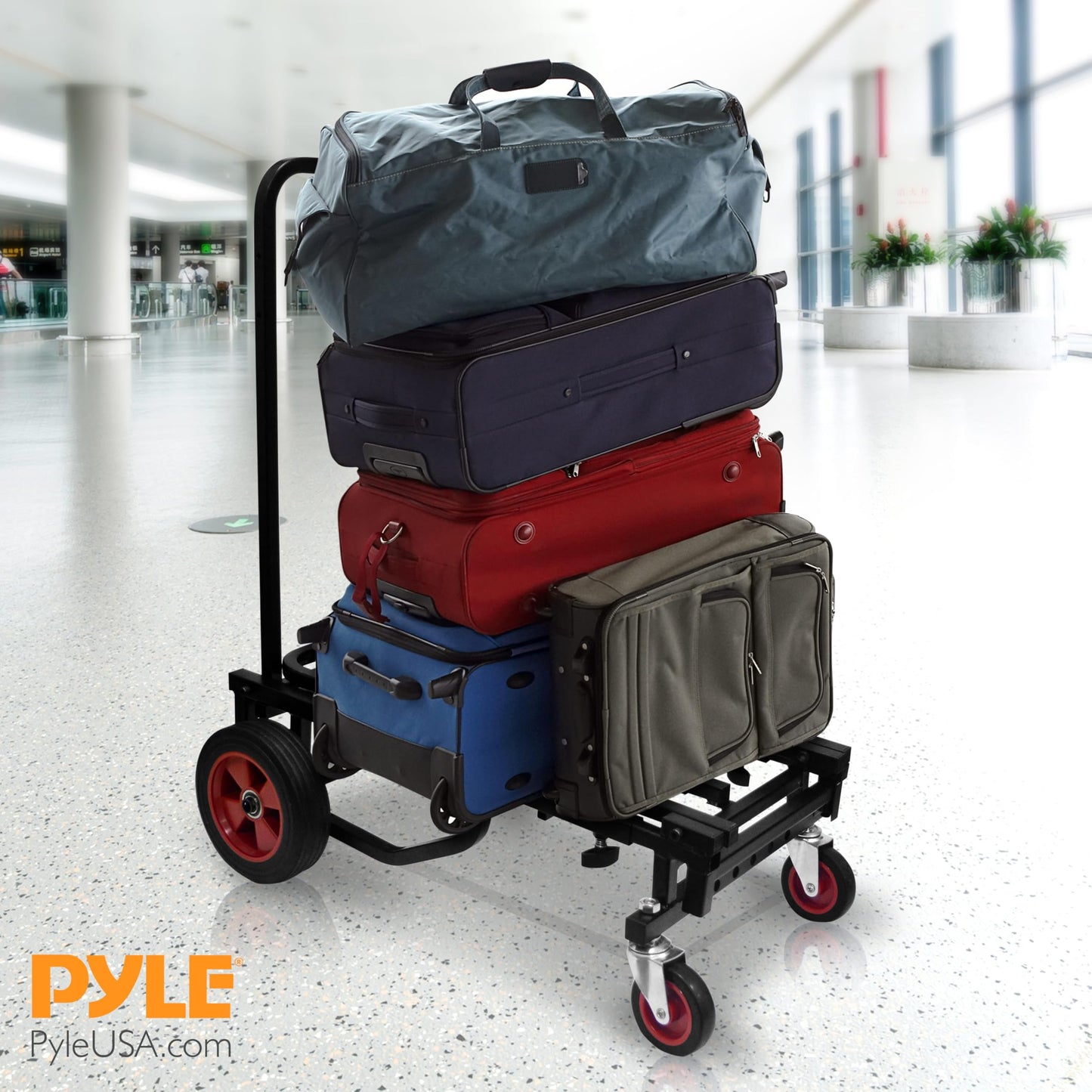 Pyle Compact Folding Adjustable Equipment Dolly - Heavy Duty 8-in-1 Convertible Cart Hand Truck/Dolly/Platform Cart with R-Trac Wheels - Expandable Up to 27.52'' to 44.25'' - 300 LBS MAX LOAD CAPACITY