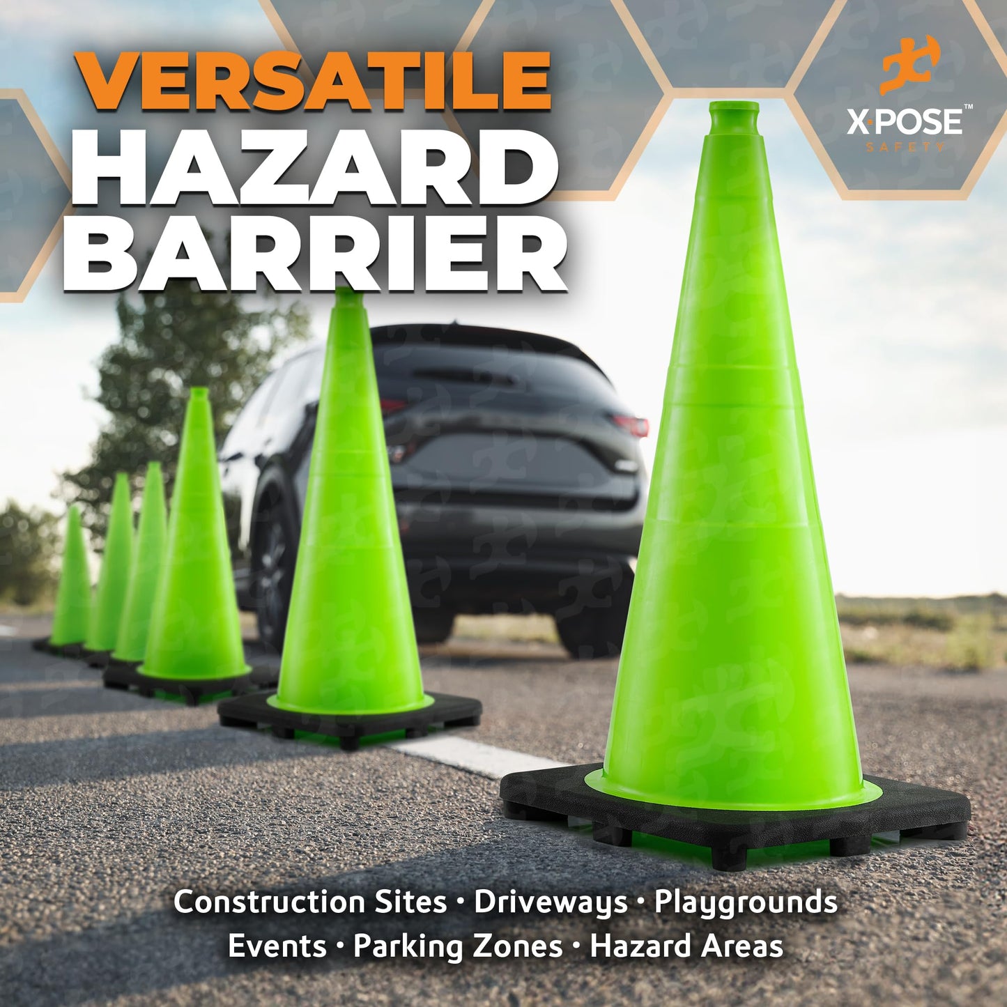 Xpose Safety 28” Lime Green Traffic Cone - 6 Pack - Premium PVC Safety Cone for Parking, Caution, Construction, Road Crews, Emergency Vehicle - DOT Approved