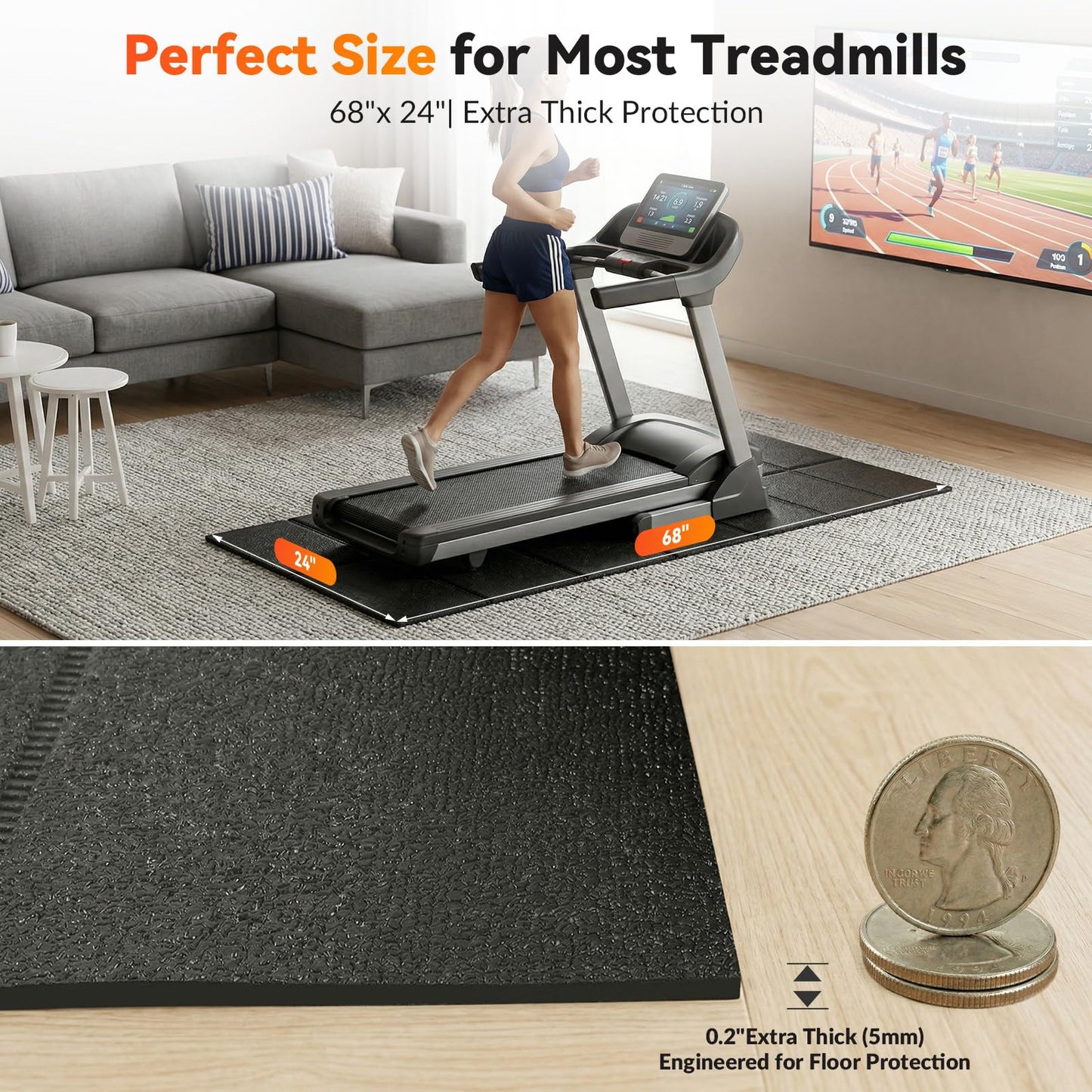 Treadmill Mat for Carpet & Hard Floors, 68" x 24" Foldable Floor Extra Thick Protection Mat, Non-Slip Noise & Shock Absorbing for Walking Pad, Exercise Bike, Elliptical, Home Gym Equipment
