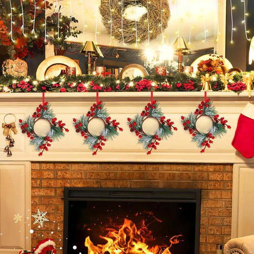 Christmas Candle Rings | Festive Wreath Garland for 3" Dia Pillar Candles with Red Berries