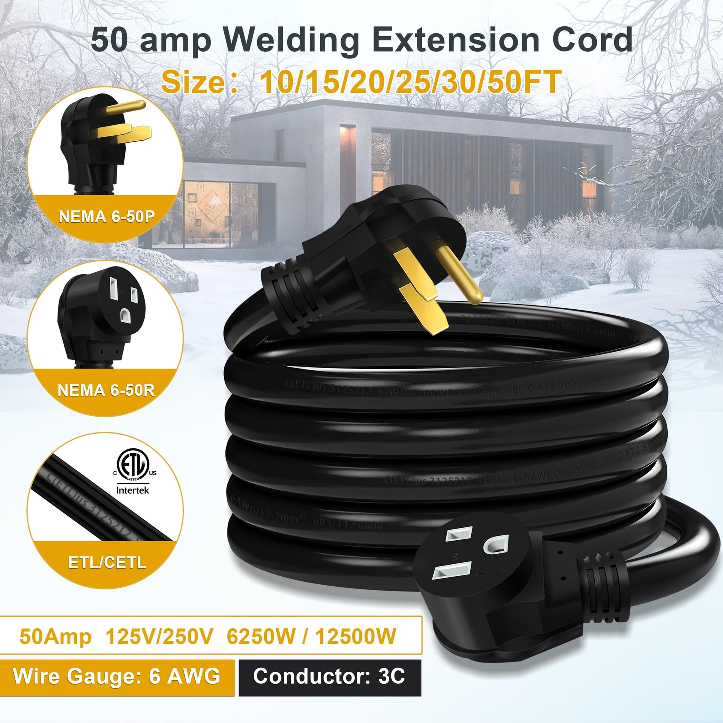 Welding Cord 6 AWG, 25FT, Welding Extension Cords 50 amp, 125V/250V Welding Power Cord NEMA 6-50P to NEMA 6-50R