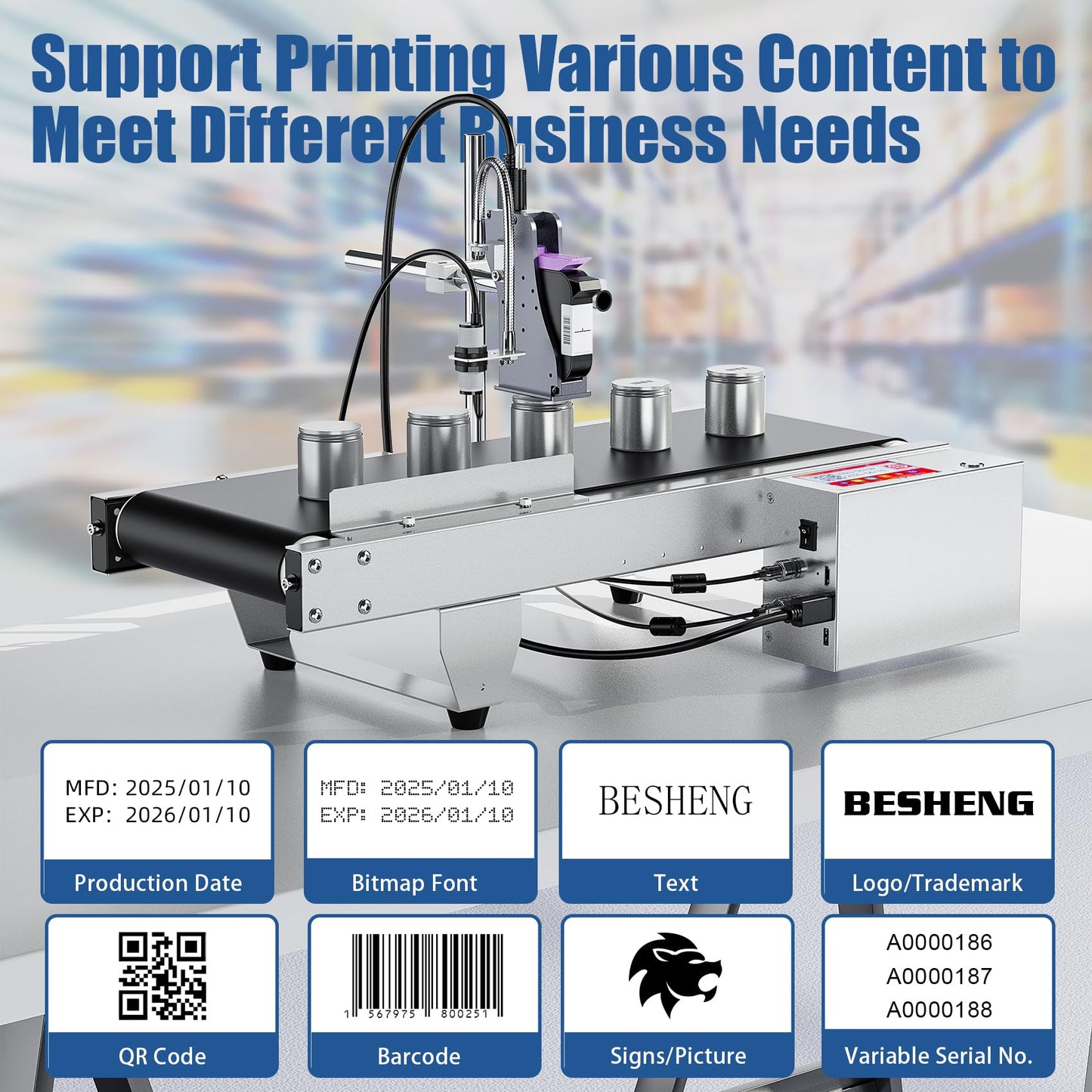 BESHENG JS740 Inkjet Coding Machine with Mini Conveyor Belt, Automatic Online Inkjet Printer with 42ml Original Quick-Drying Ink, Industrial Batch Code Printer Date/Barcode/QR Code/Number/Label