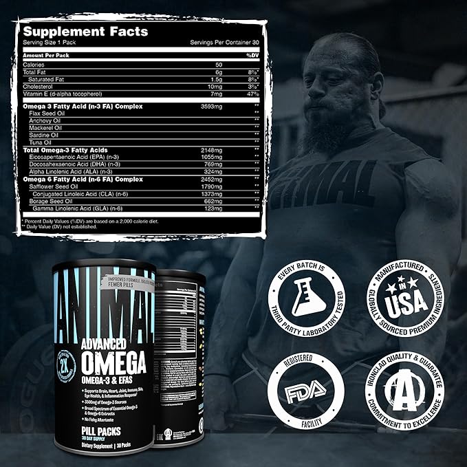 Animal Advanced Omega 3 Fatty Acids - 3500mg EPA DHA Fish Oil Omega 3 Supplement for Women & Men High Potency Blend with CLA GLA ALA for Brain Skin Eye Immune Joint Health 30 Pill Packs