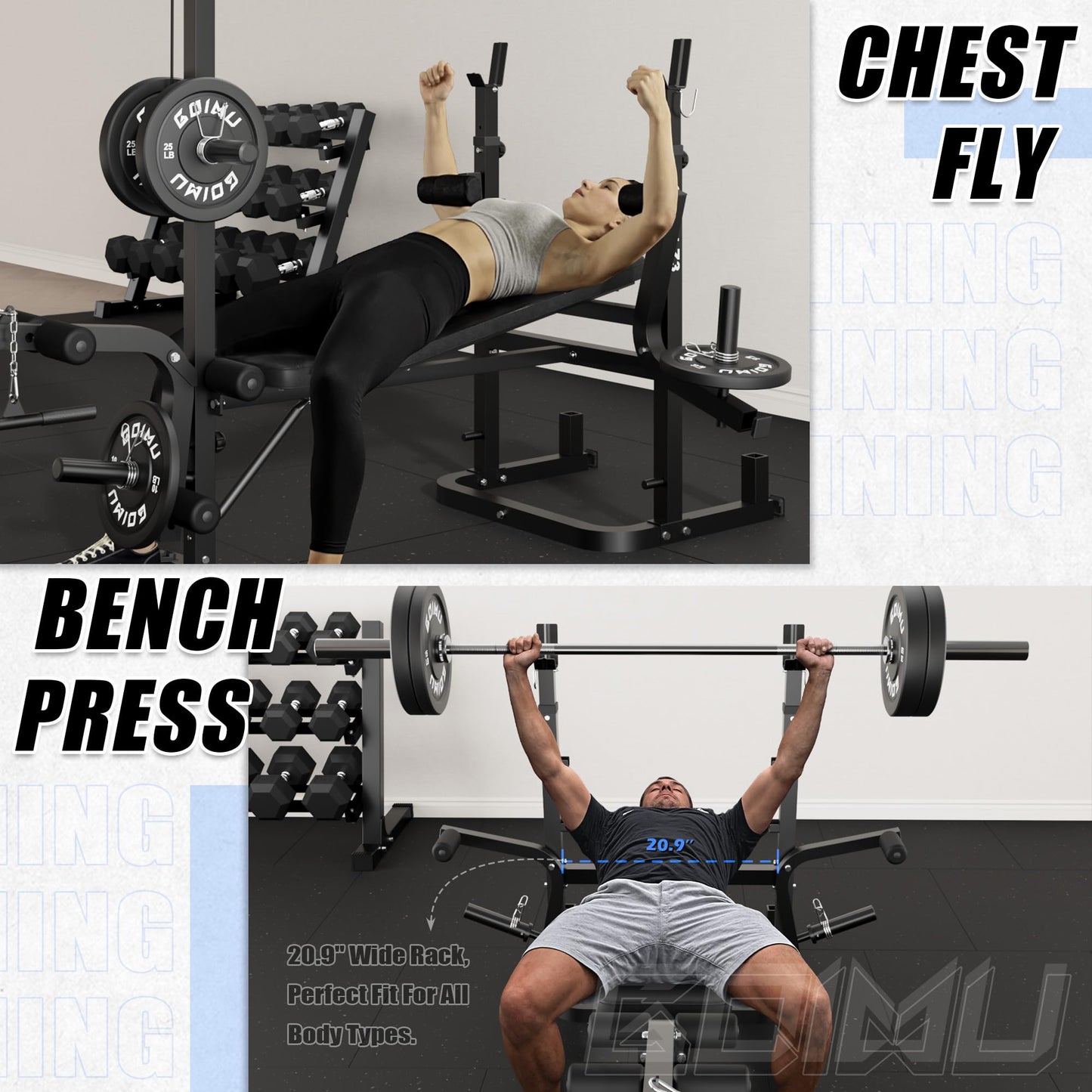 Goimu Z3 900LBS Olympic Weight Bench Set with Leg Extension, 9 in 1 Workout Press with Preacher Curl Pad and LAT Pulldown, Strength Training Bench for Home Gym (100lbs Colorful Plates and Bench)