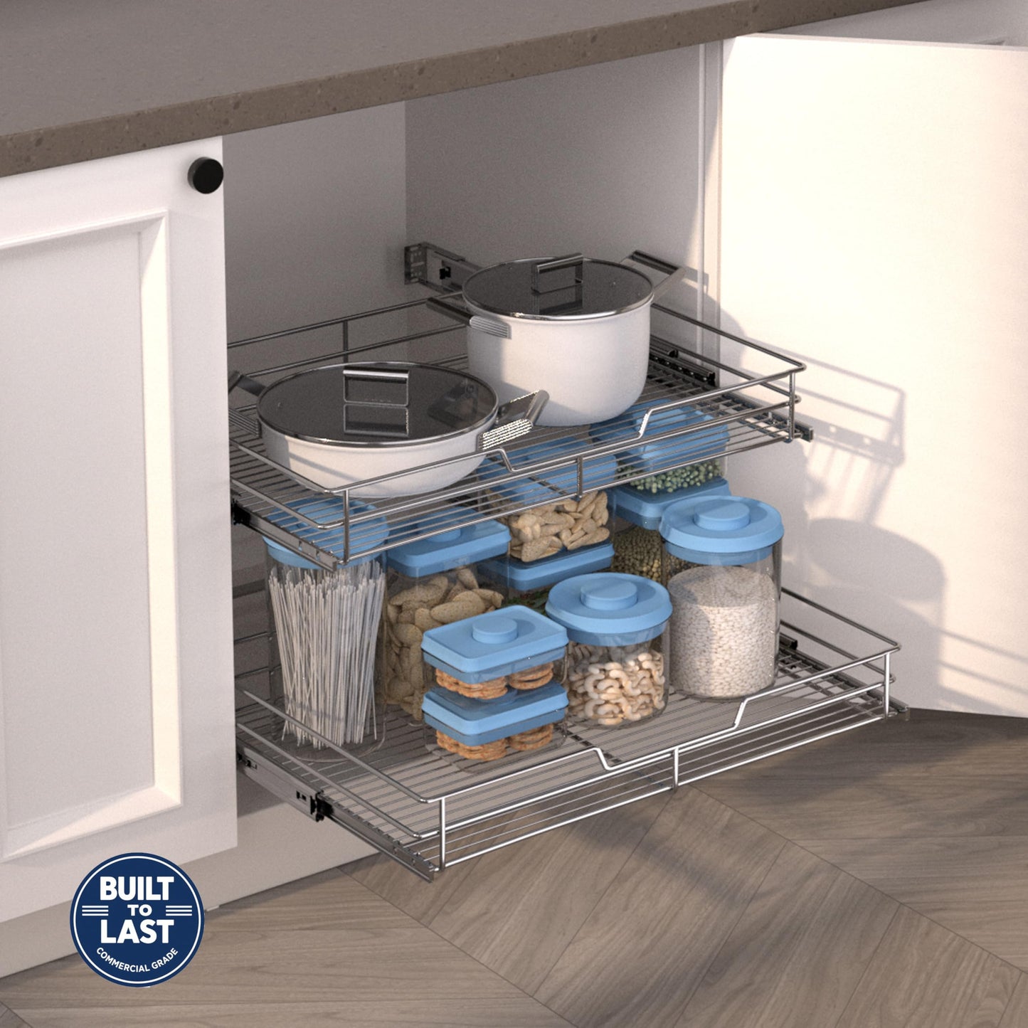 JOWBOOW (23" W x 22" D Cabinet Pull Out Shelves, 2-Tier | Heavy Duty Kitchen Pull Out Shelves for Wide Cabinets, 22 Inch Deep Sliding Cabinet Organizer