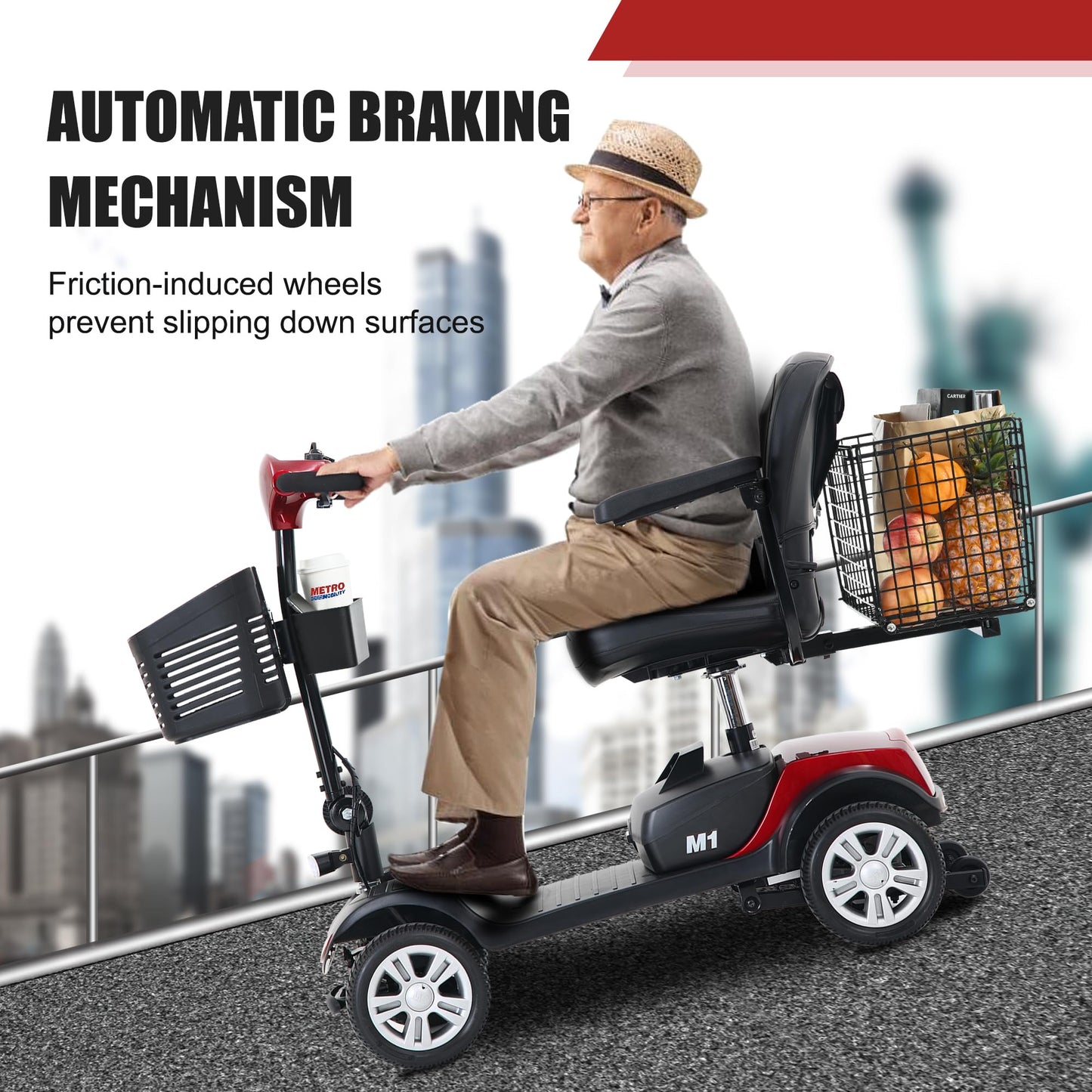 Metro Mobility 4 Wheel Foldable Mobility Scooter for Adults - 300 lbs Capacity Electric Mobility Scooters for Seniors, Travel - Long Range Power Extended Battery with Charger and Basket - Red