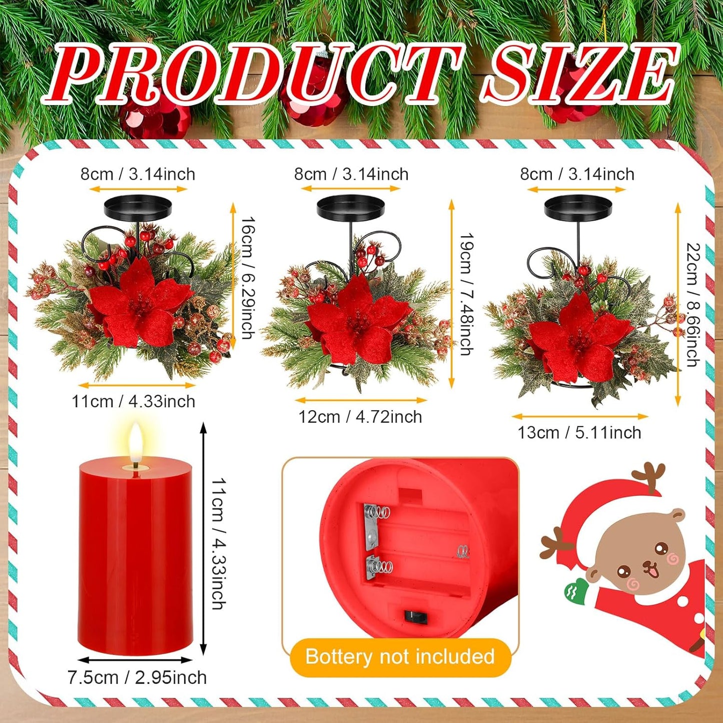 Yunlly Christmas Candle Holder Set - 3 LED Battery-Operated Poinsettia Centerpieces for Home Decor