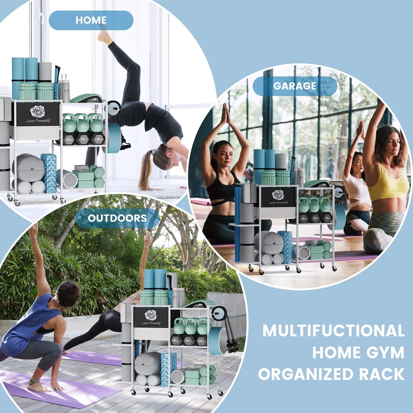 Yoga Mat Storage Rack，Home Gym Storage Rack Gym Workout Equipment Storage Organizeron Wheels for Yoga Mat,Yoga Block,Foam Roller and Workout Accessories (Beige)