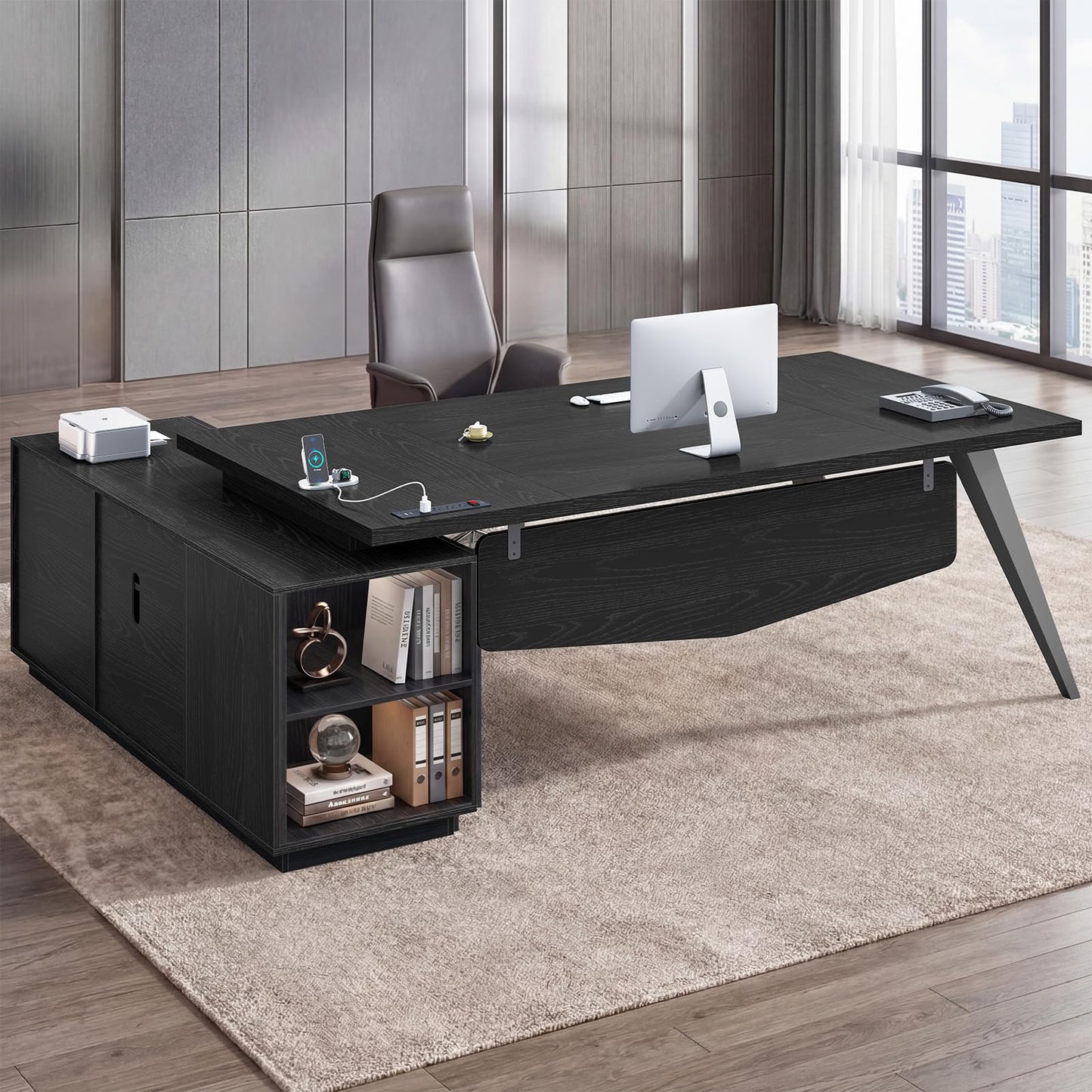 70.3 inch L Shaped Executive Desk with Power Outlets, Large Home Office Desk with Storage Drawers and File Cabinet, Modern Computer Desk with Shelves, Black Business Furniture, Square Tapered Legs