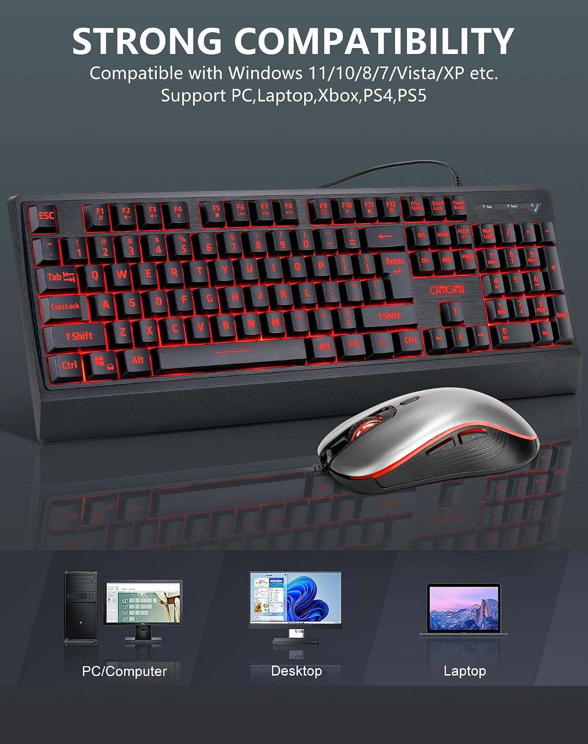 CHONCHOW 12 PS5 USB Wired Keyboard and Mouse Combo with Red-Yellow-Green LED, Silent Gaming Keyboard with Mulitmedia