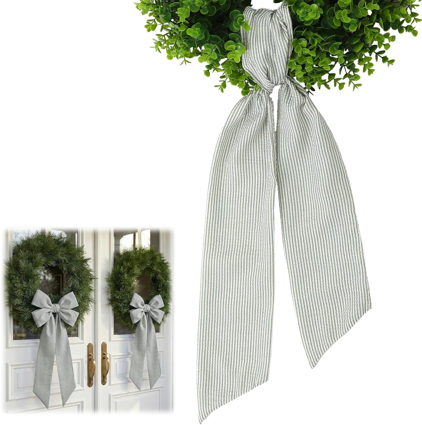 Skiennix Wreath Sash - Holiday Stripes Ribbon for Front Door | 5.1'' W x 59'' L, Green Striped