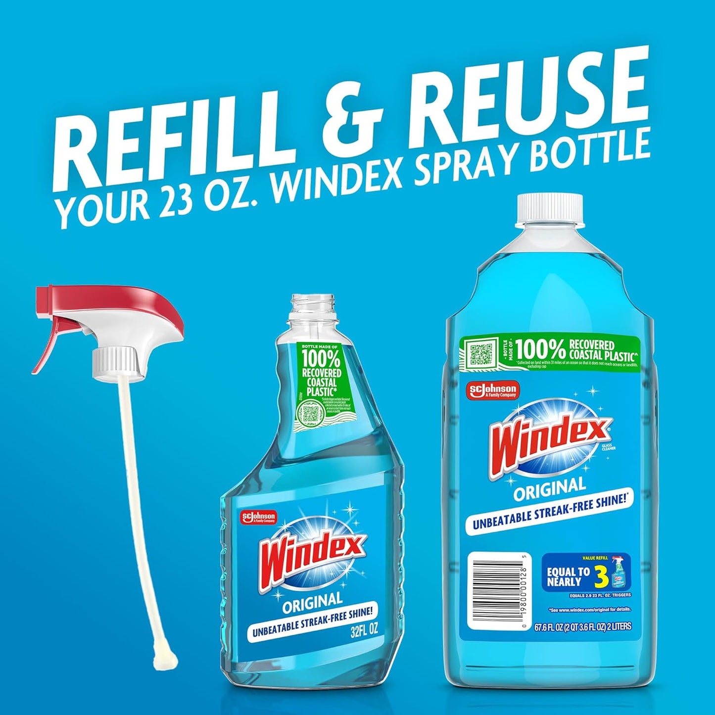 Windex Glass & Window Cleaner Refill - Eco-Friendly 100% Recycled Plastic, Original Blue Scent, 2L