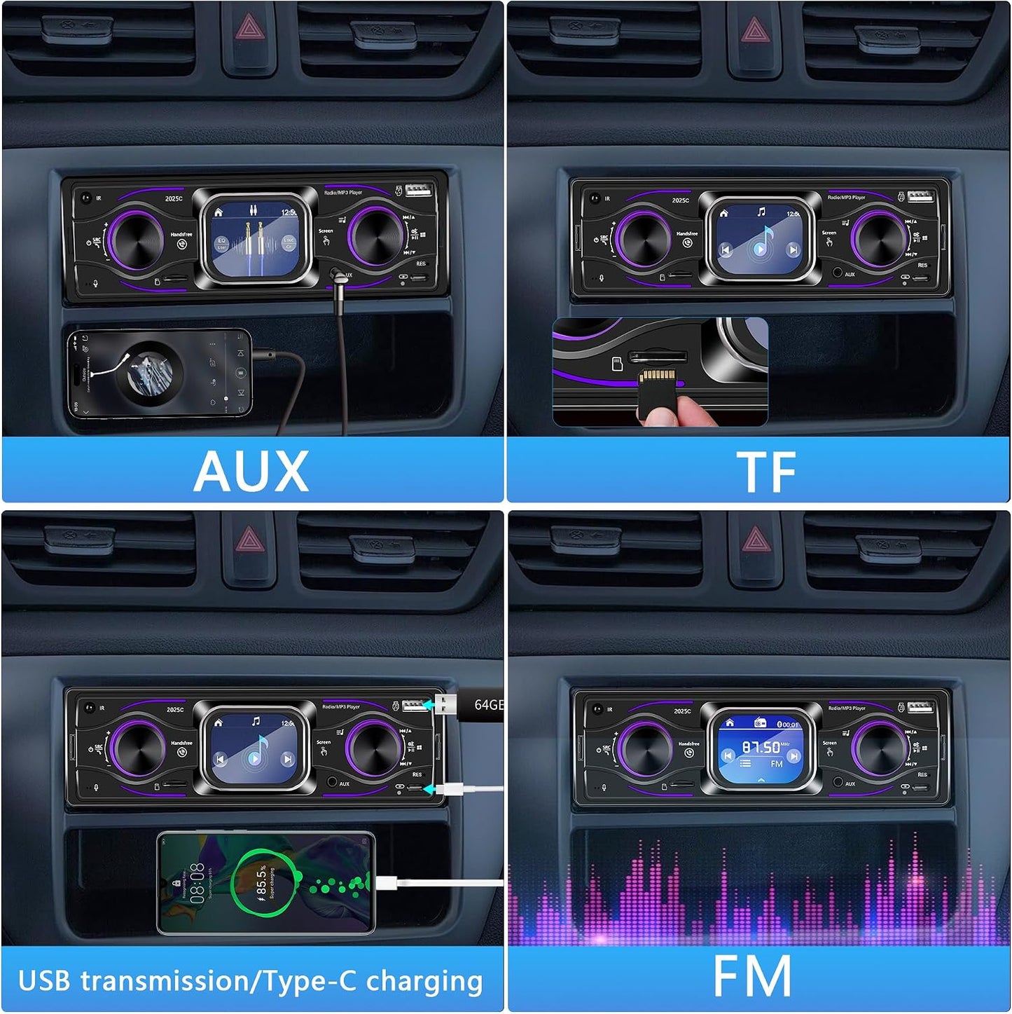 Dykucic MP3 7-Color Single Din Car Stereo with Touchscreen Bluetooth, Player Supports Steering Wheel Control, USB/SD/FM