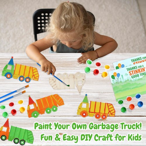 12 Pack Garbage Truck Party Favors for Kids – Individually Wrapped Paint Your Own Wooden Magnet Craft Kits with Thank You Card, Trash Day Birthday Supplies for Boys & Girls