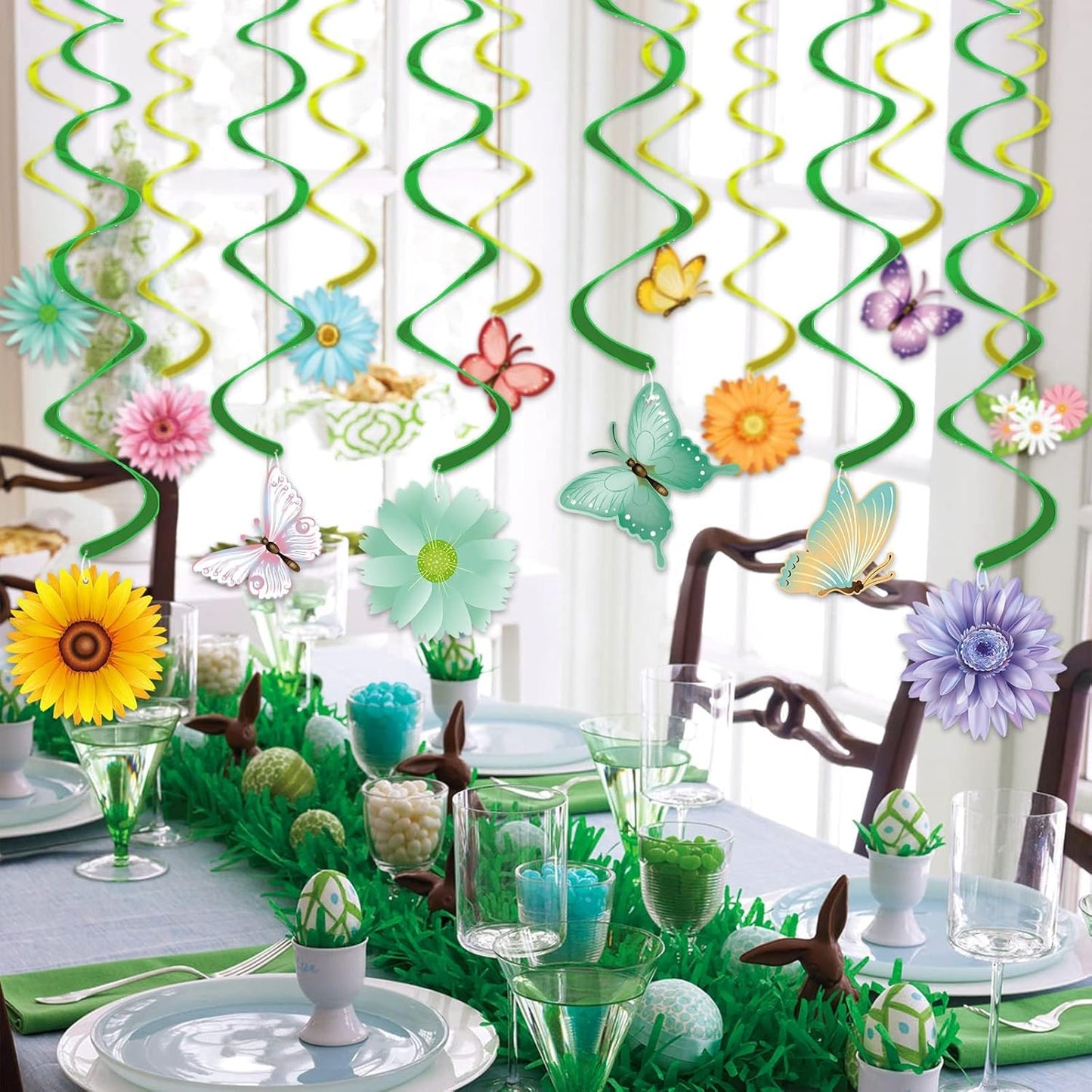 Skiennix 33-Piece Spring Hanging Decorations - Flower & Butterfly Swirls with LED Lights for Easter Parties