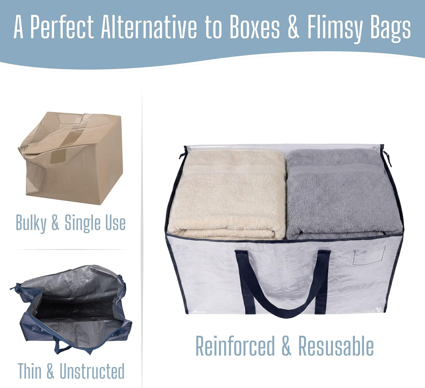 VENO Heavy Duty Moving Bags - Extra Large Storage Solution with Reinforced Handles & Strong Zippers | 6 Pack, Foldable & Reusable