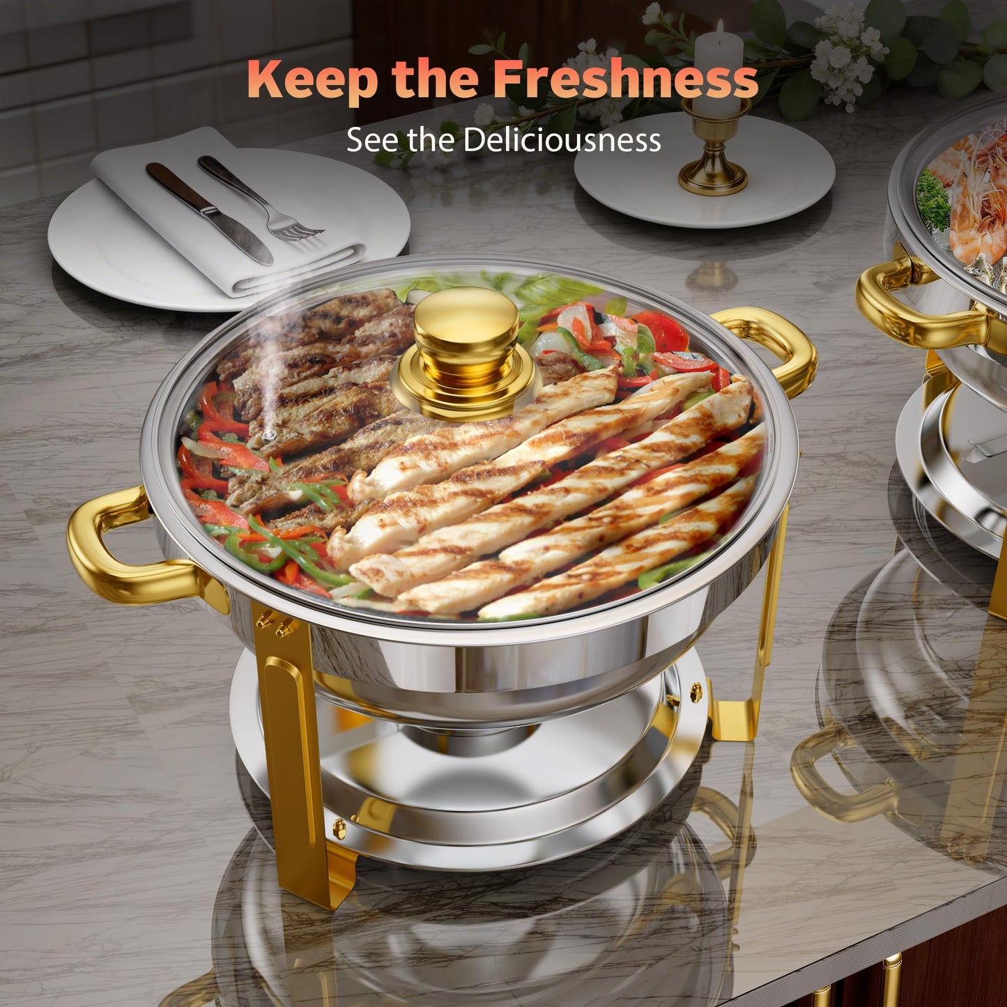 6QT Chafing Dishes for Buffet, 4 Pack Round Stainless Steel Chafing Dish Set, Chafers and Buffet Warmers Sets with Glass Lid, Food Warmers for Parties, Catering, Wedding (Sliver & Gold)