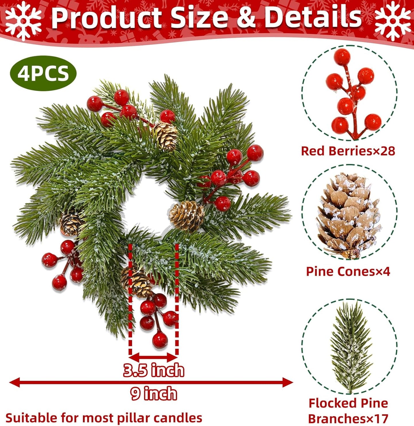 Skiennix Christmas Candle Rings - 4 Pcs Flocked Pine & Red Berry Wreaths for Festive Home Decor