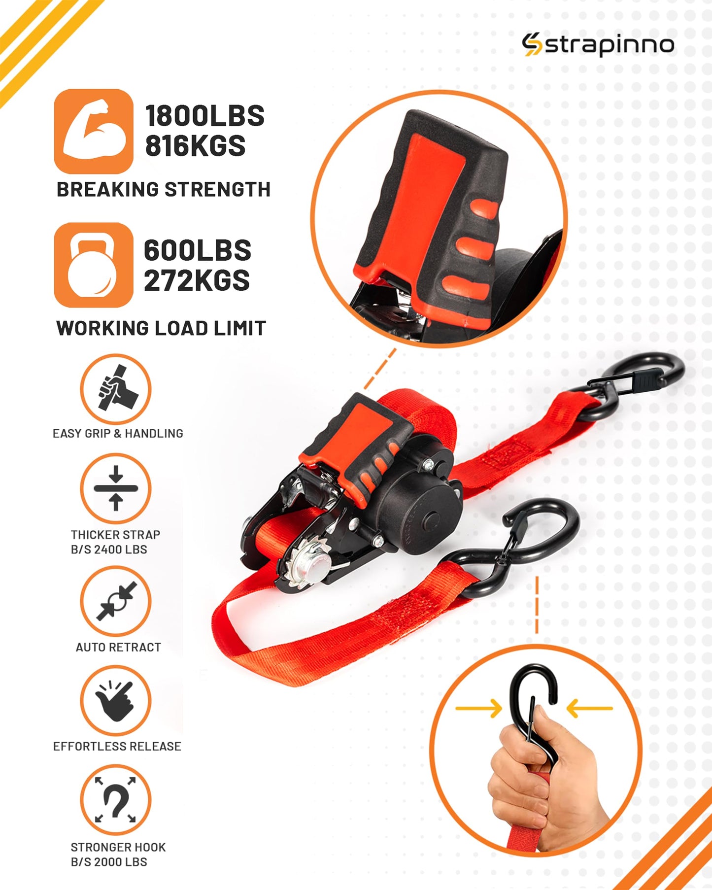 Strapinno Retractable Ratchet Straps - 1 in x 12 ft Heavy Duty Tie Downs, 1800lbs Breaking Strength Each, S Hooks with Safety Clip, AutoRetract, for Moving, Motorcycle, Boat, Kayak, and Cargo (4 PCS)
