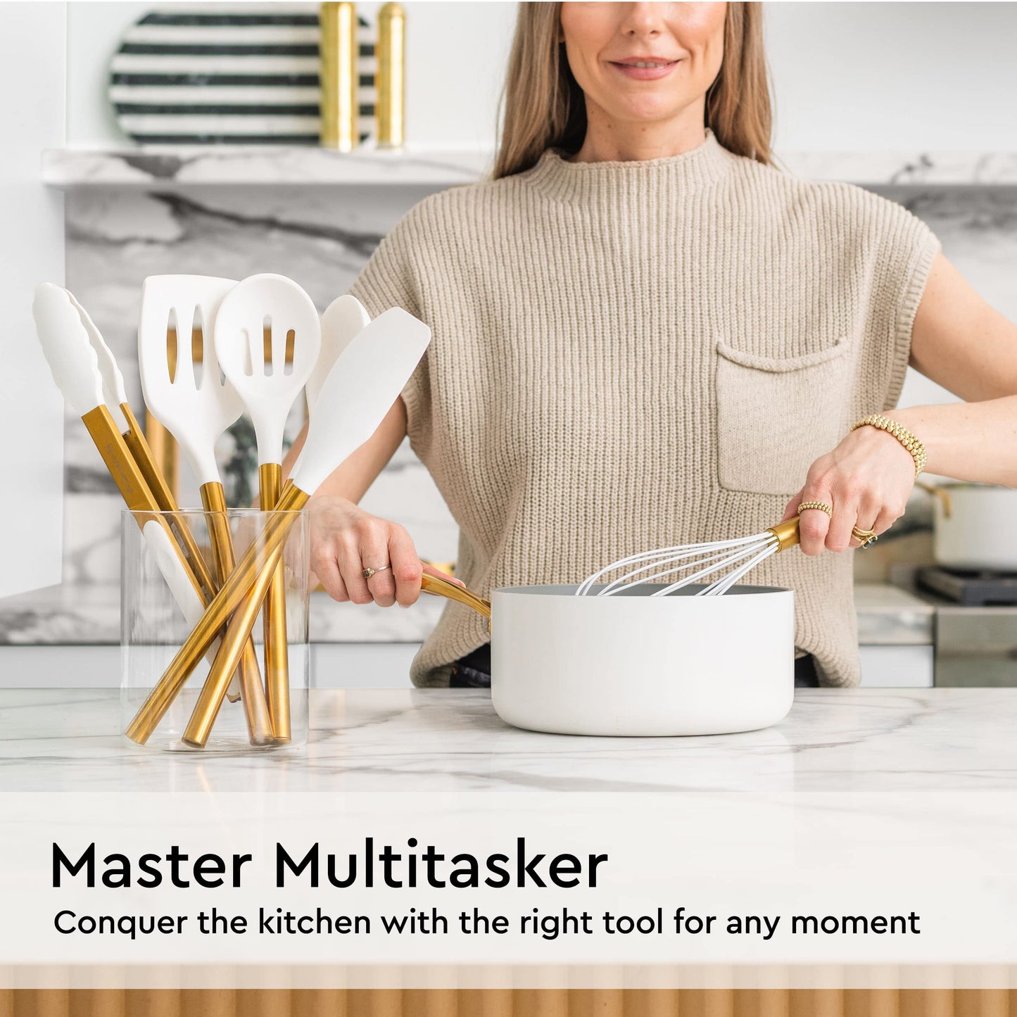 Gold Kitchen Utensils Set – 6 PC White Silicone and Gold Cooking Utensils with Spatula, Whisk, Tongs, Spoons, Cooking Tools for Nonstick Cookware – Luxury Kitchen Accessories for Home Chefs