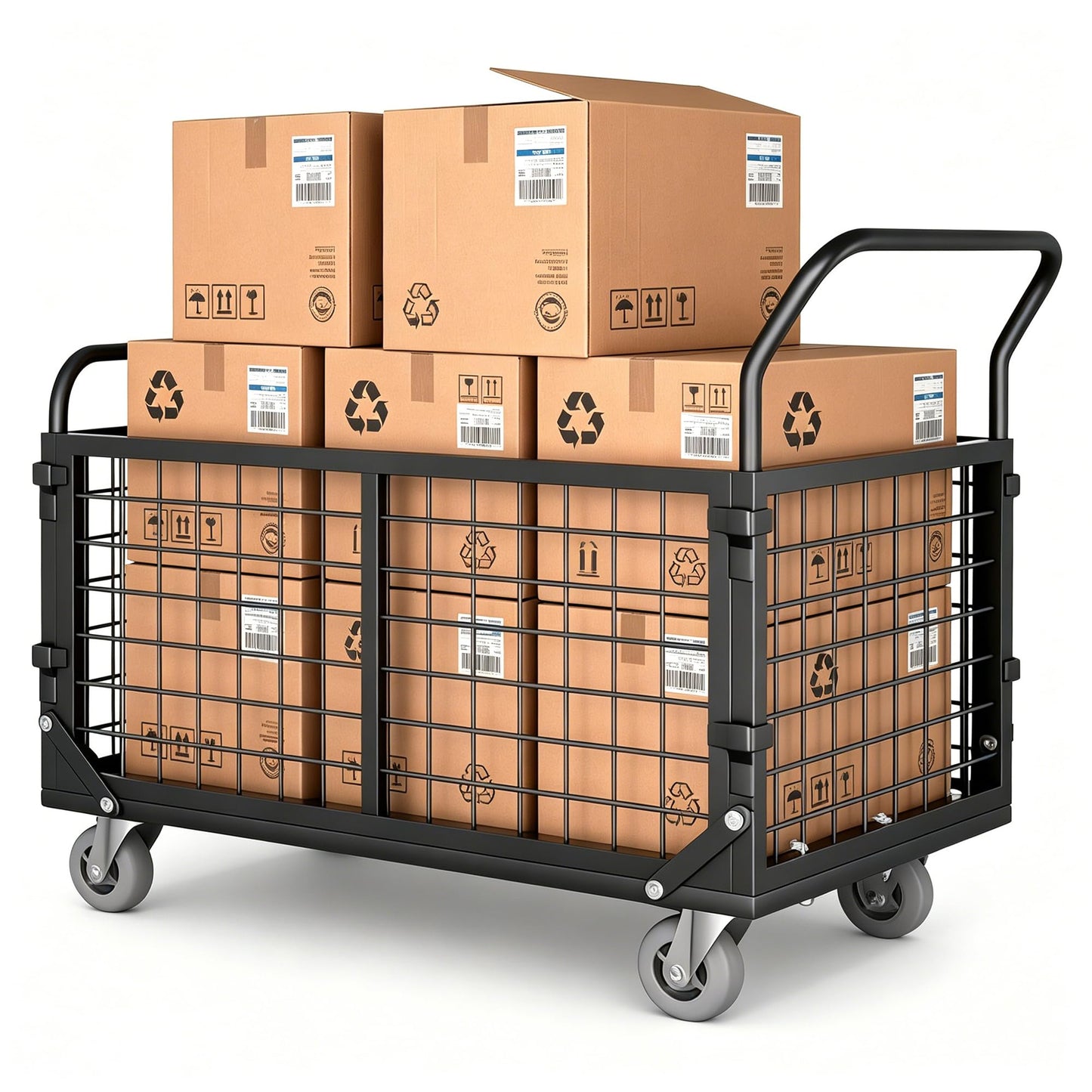 5-in-1 Folding Platform Truck, Cage Truck, 1800LBS Heavy-Duty Utility Cart & Industrial Push Cart Dolly, U-Boat Trolley, Folding Flatbed Trolley, Steel Base for Garage, Grocery, Laundry, Storage