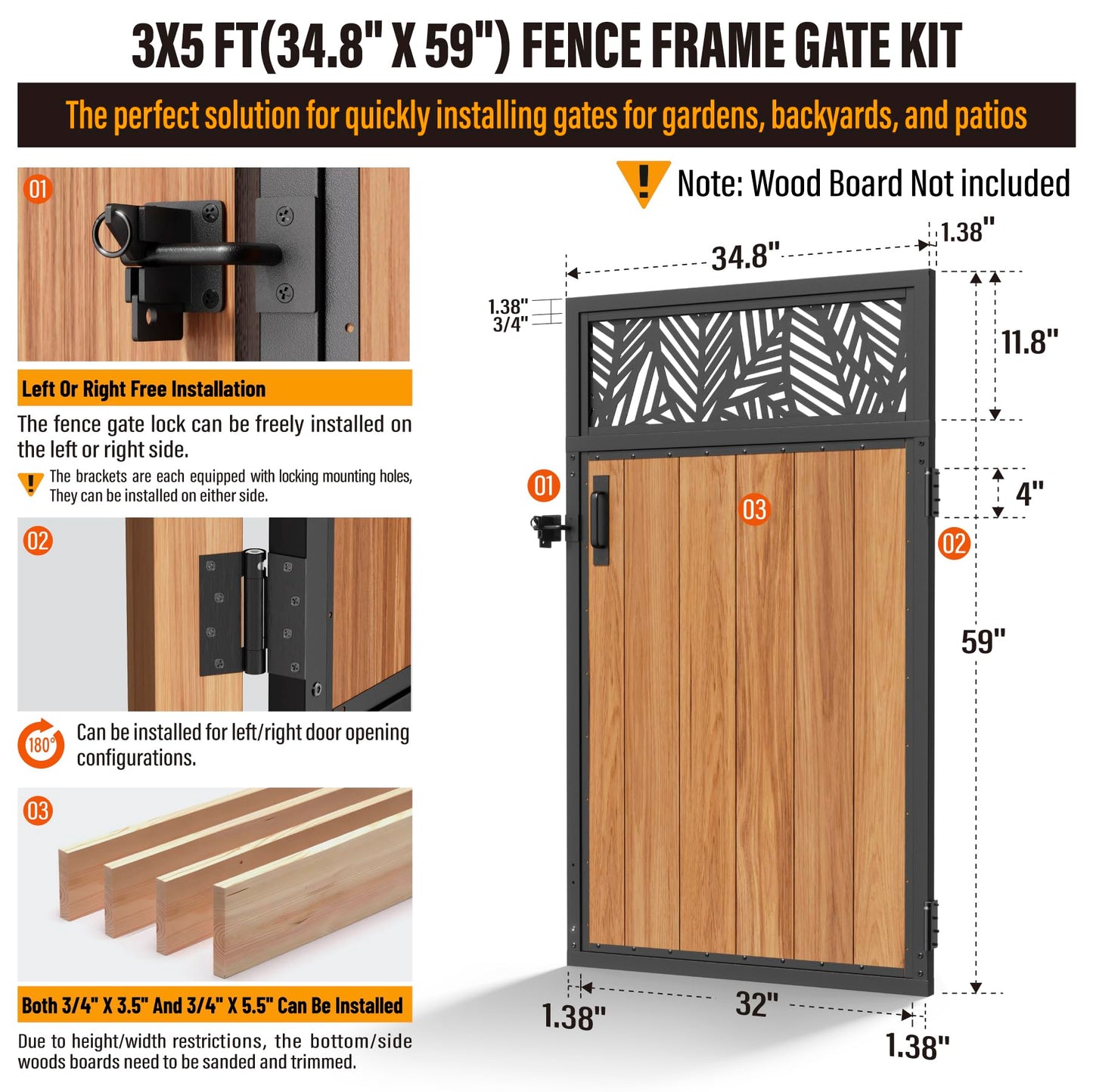 WOWACE 3x5FT Fence Gate Frame Kit 201 Stainless Steel Heavy Duty Garden Gates Anti-Sag Backyard Front Gate Reinforcement Hardware, Left/Right Mount (No Wood Planks Included)