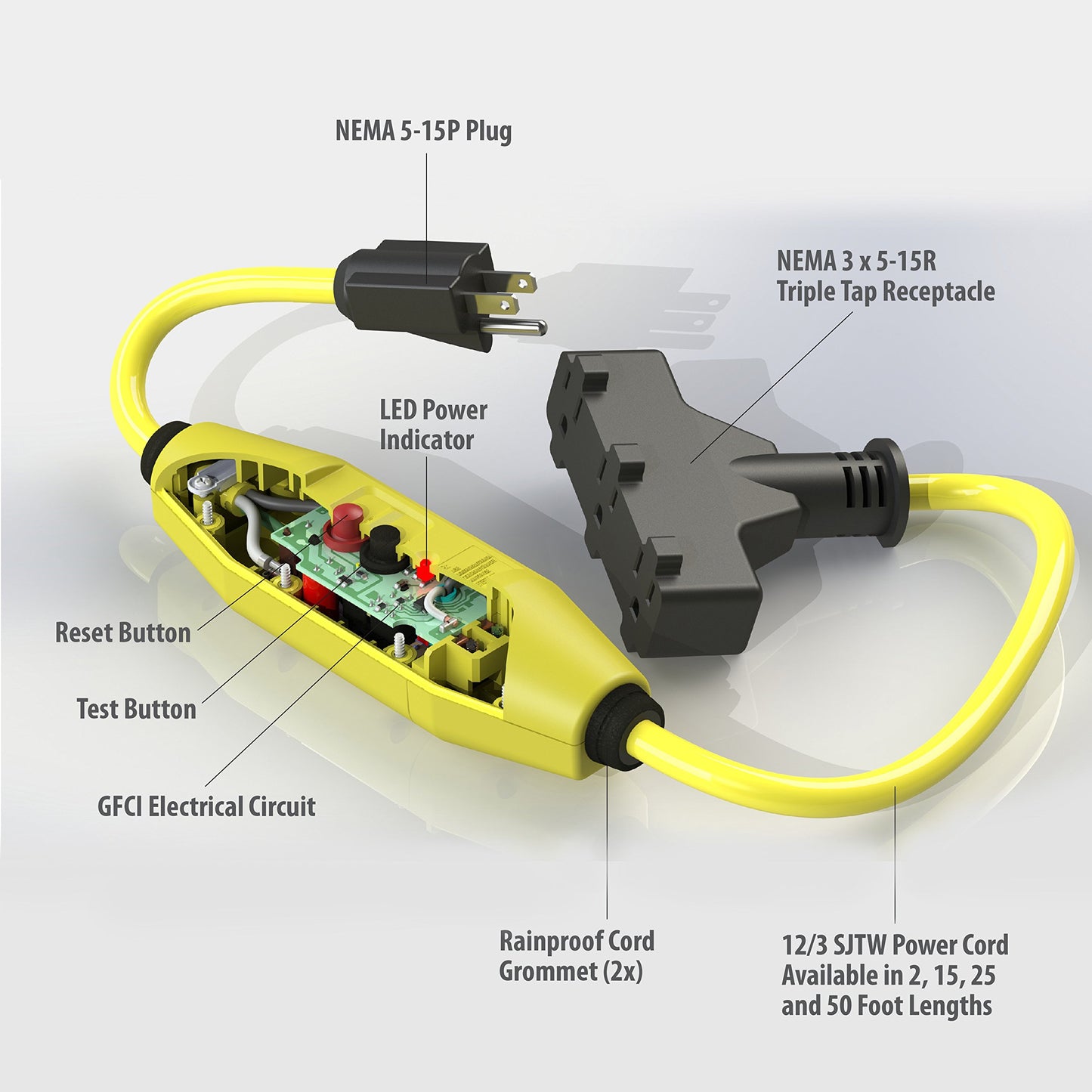 Tower Manufacturing 30438306-01 Auto-Reset 15 AMP Inline GFCI Triple Tap Cord, 100 Feet, Yellow