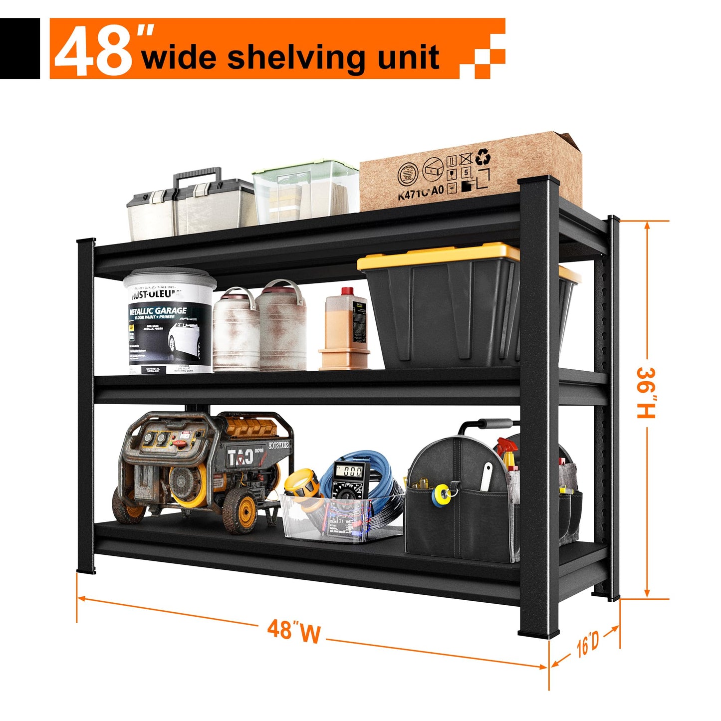 Huhaneon Metal Storage Garage Shelving - 3 Tier 48'' Wide 1,650 Lbs Heavy Duty Utility Shelves Freestanding - Adjustable Rack Units for Kitchen Pantry Basement - 48" W x 16" D x 39" H Black