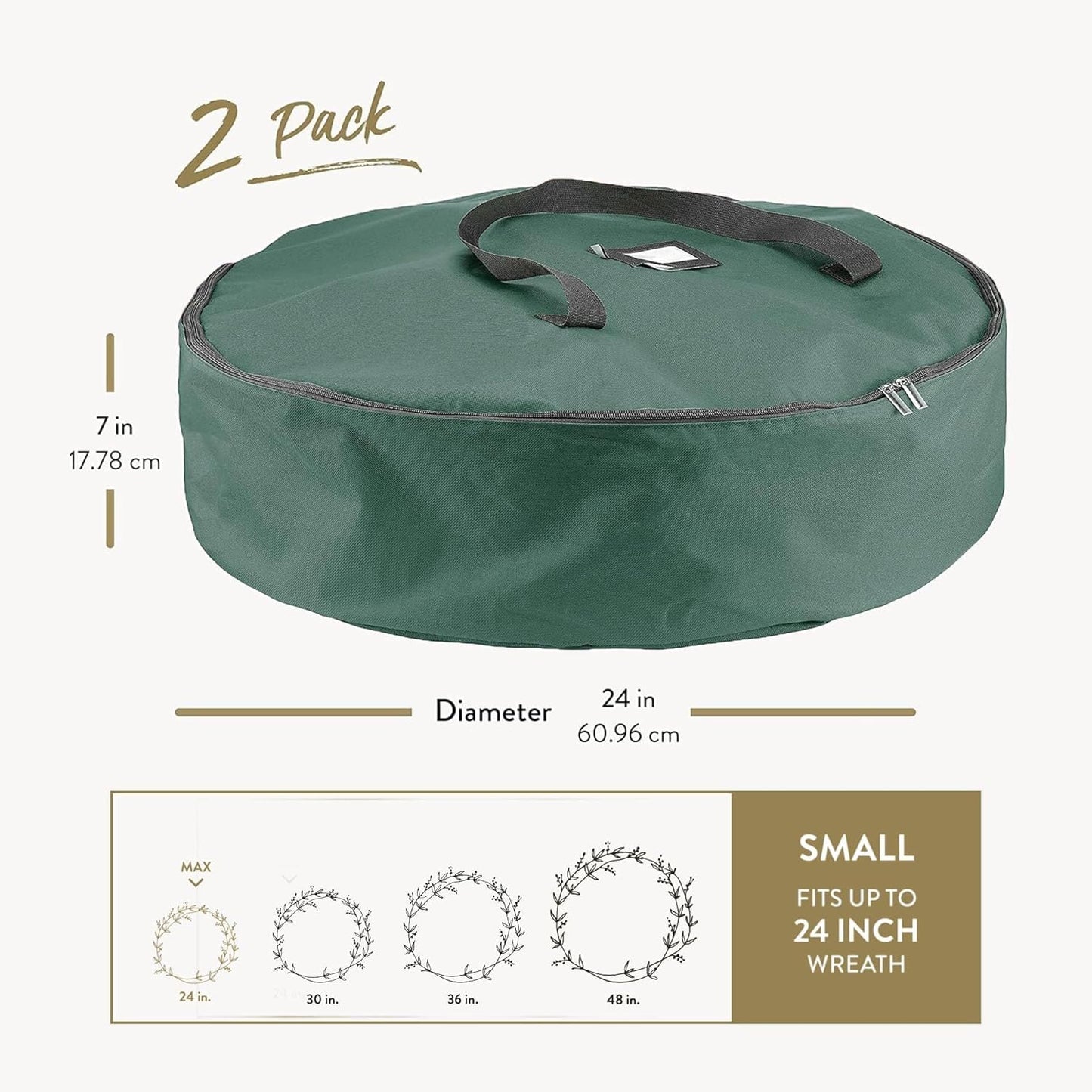 ZOBER 24-Inch Oxford Christmas Wreath Storage Container - Waterproof, Dual-Zippered Bag with Durable Handles | Green