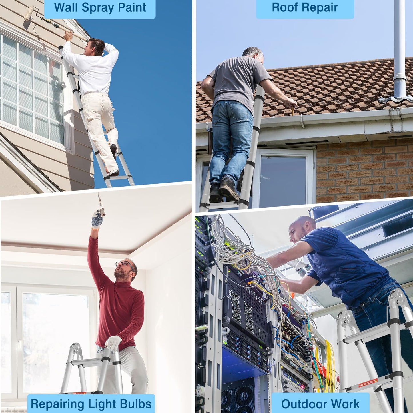 Wolec 12.5 FT A Frame Telescoping Ladder, Extension Multi-Purpose w/Balance Bar & Wheels, Ladder A Frame, Heavy Duty 330 lbs Max Capacity, Ideal for Home and Outdoor Work, Silver