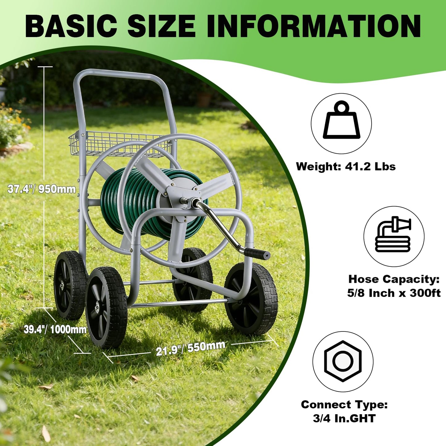 Hose Reel Cart, 300FT of 5/8’’ Hose, Heavy-Duty Water Hose Cart with 4 Wheels, Storage Basket, Portable Water Hose Organizer for Outside Yard, Outdoor Planting Tool (Sliver)