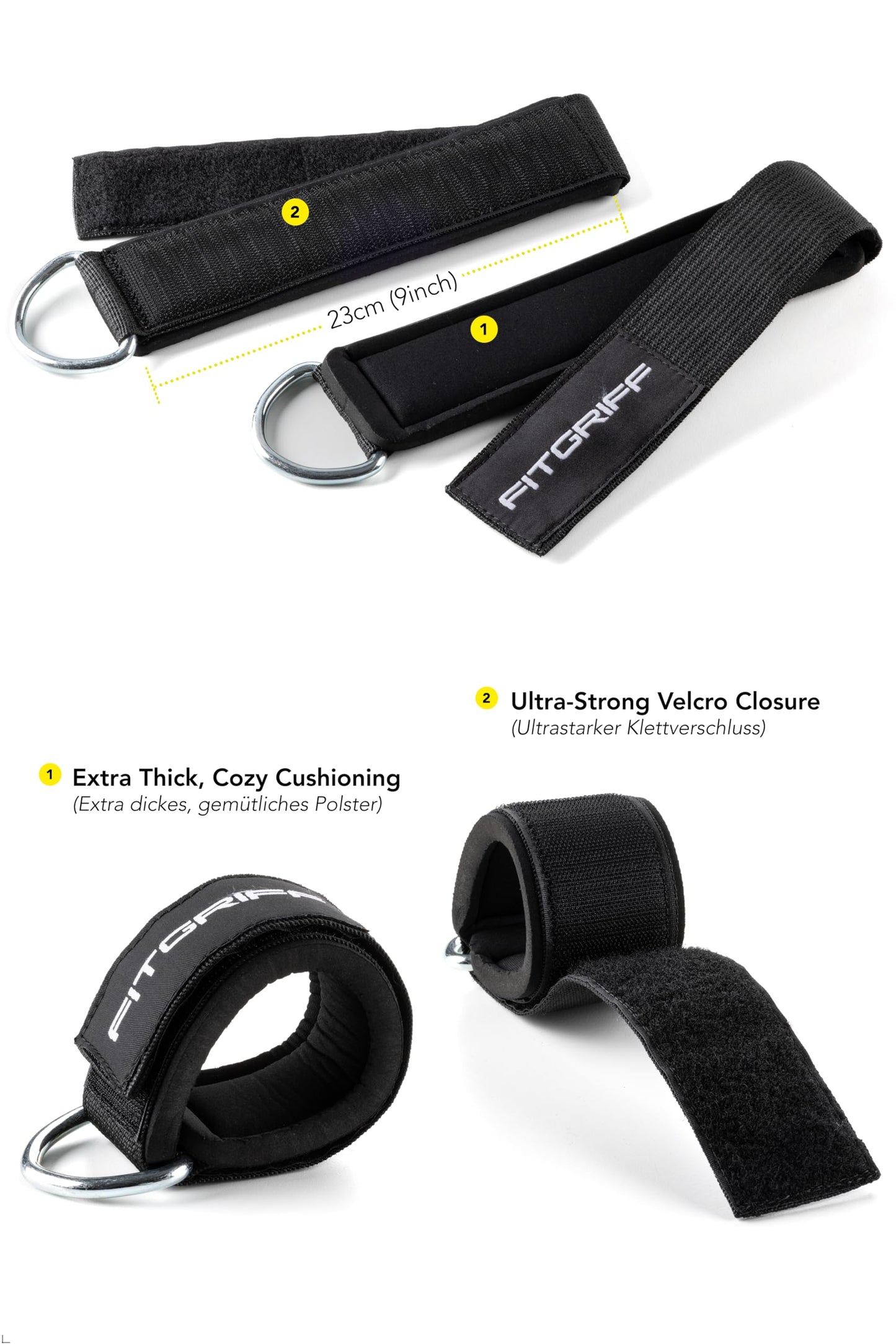 Fitgriff® Ankle Straps V2 for Cable Machine (2 Pieces) - Gym Workout Equipment - Leg Pulley Attachment, Kickback Straps (Black)