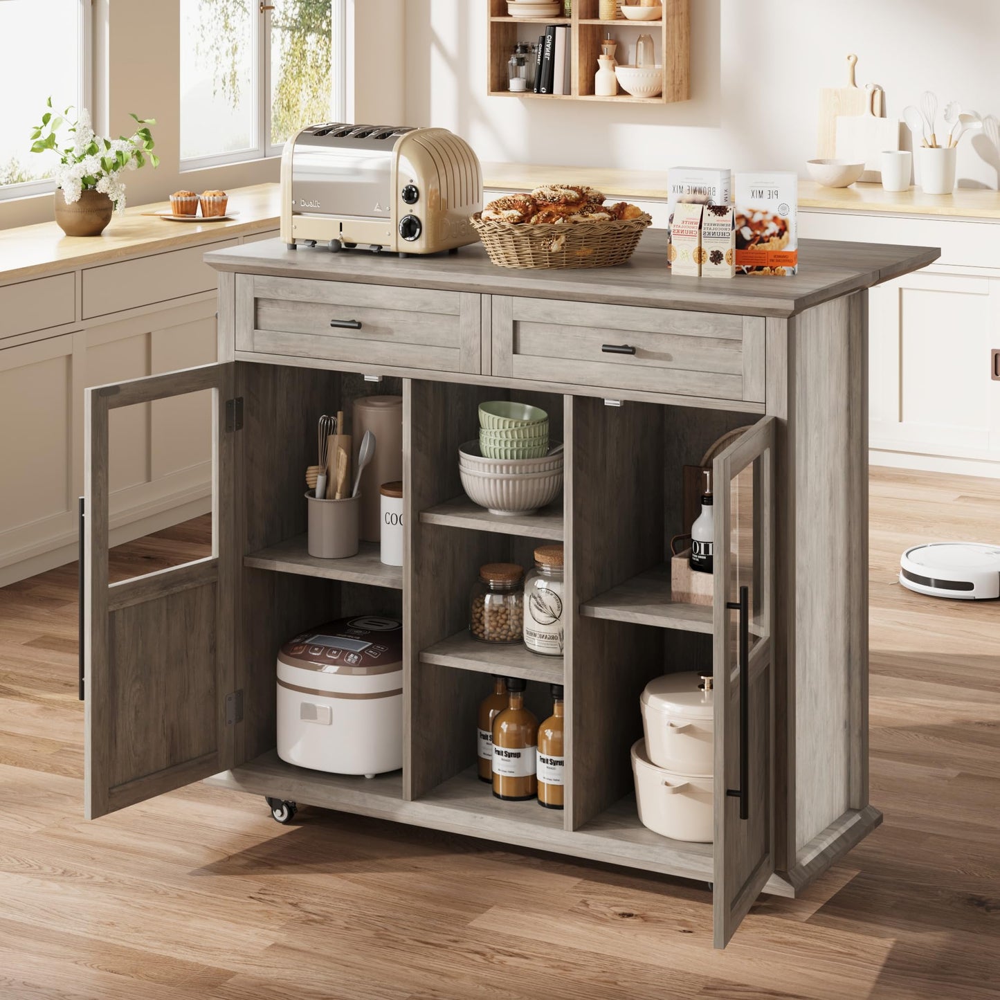 GarveeHome 41 in Rustic Kitchen Island on Wheels - Wood Drop-Leaf Table with 3-Tier Storage, Mobile Coffee Bar Cart (Light Gray)