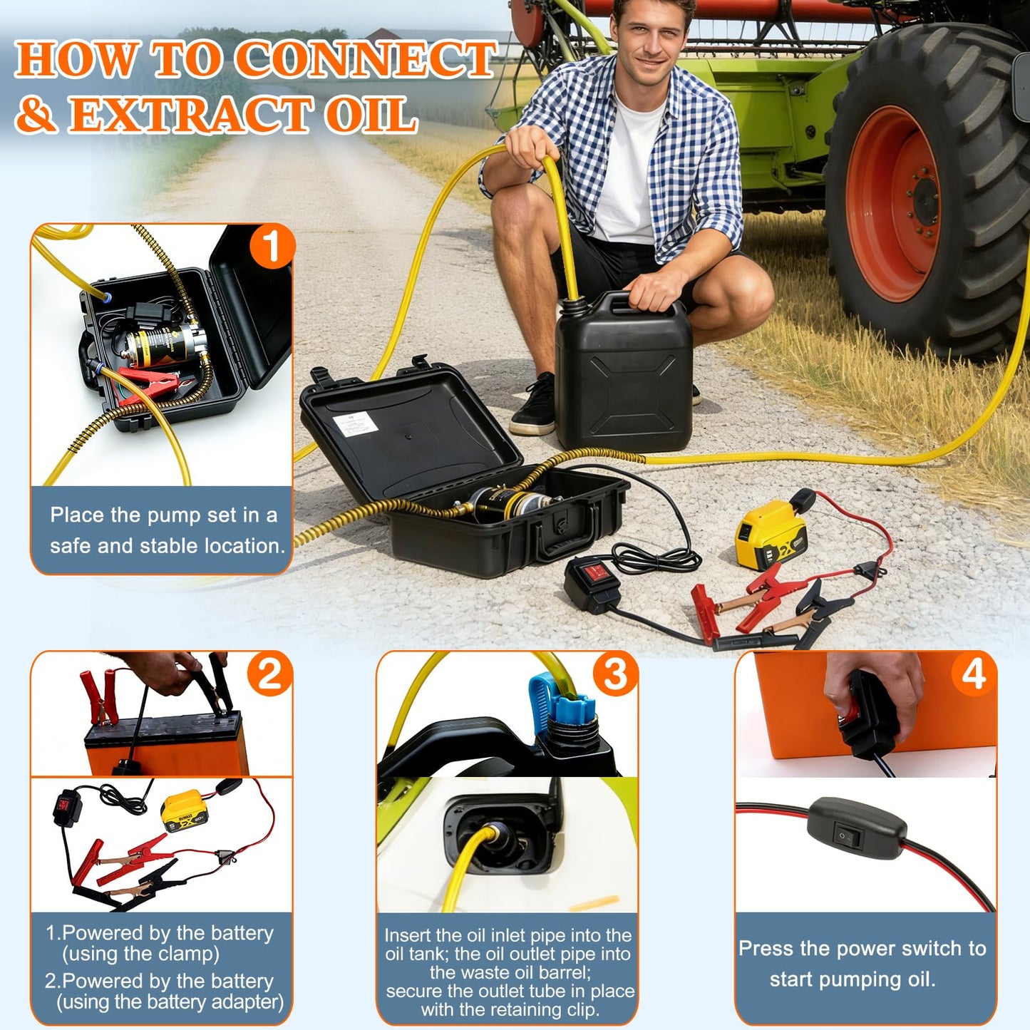 steauty 12V/24V 100W Oil Change Pump Set, Fast 1-4L/min Flow Oil Transfer Pump with Yellow Battery Adapter Compatible with DEWALT 20V/18V Battery, Fluid Transfer for Trucks, Boats, Lawnmowers
