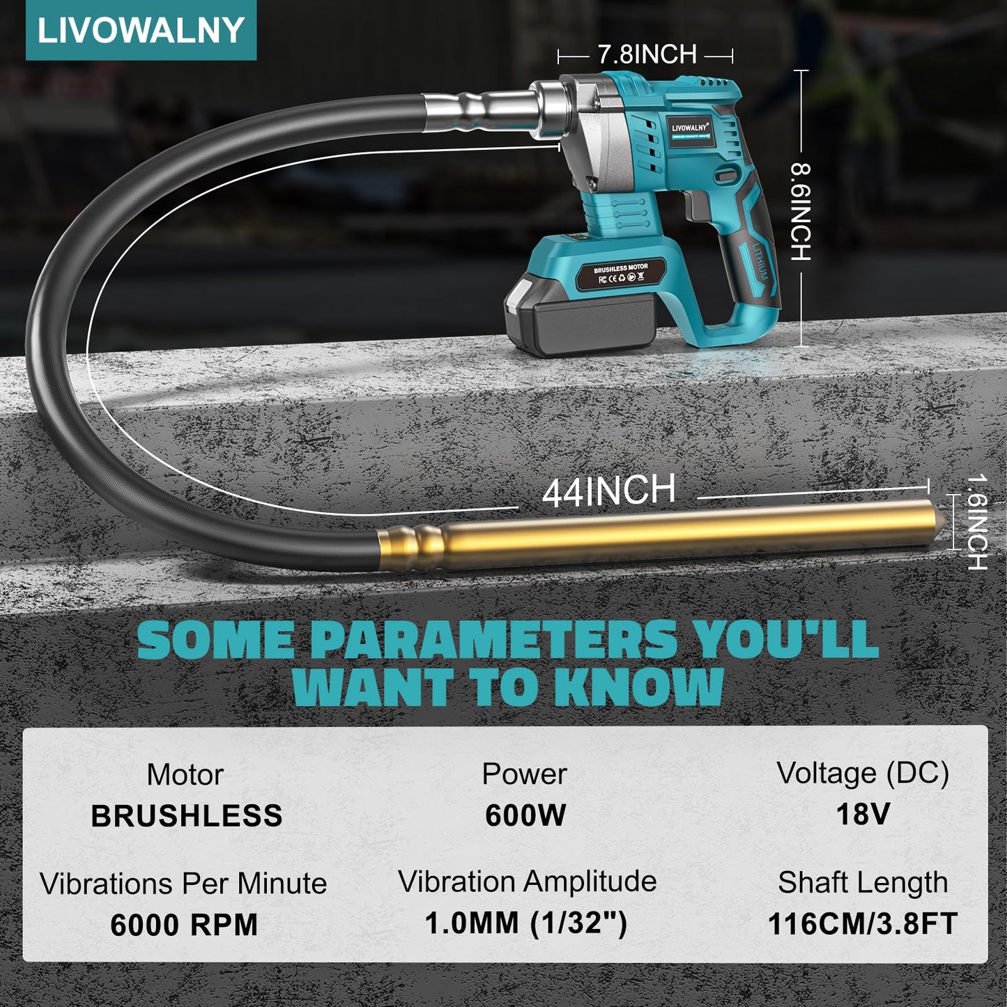 LIVOWALNY Handheld Concrete Vibrating Tool Compatible with Makita 18V Battery(Tool Only), 600W Cordless Electric Concrete Vibrator w/3.8ft Shaft Rod, Portable Pencil Cement Vibrarator Remove Bubble