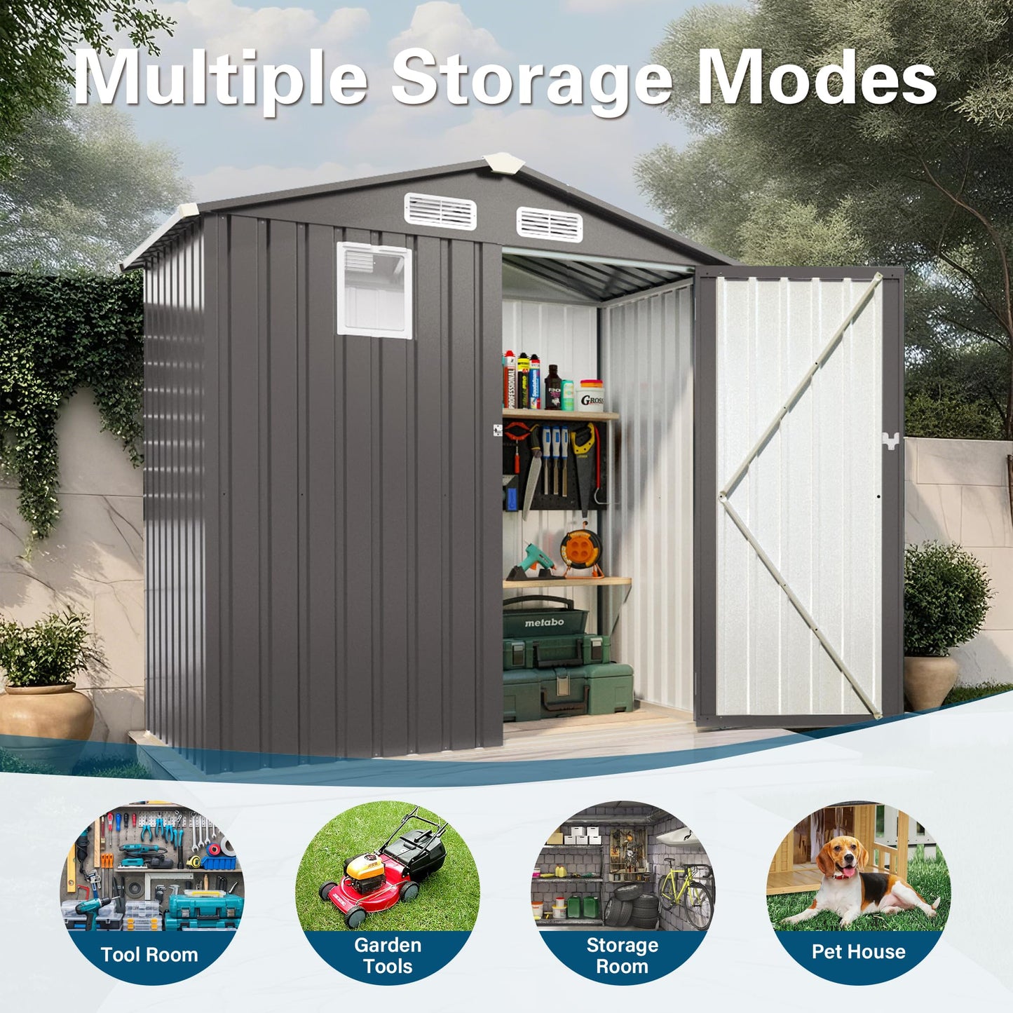 KEIKI 6x4 FT Outdoor Metal Storage Shed with Window and Lockable Door,Peaked Roof for Patio Backyard Garden