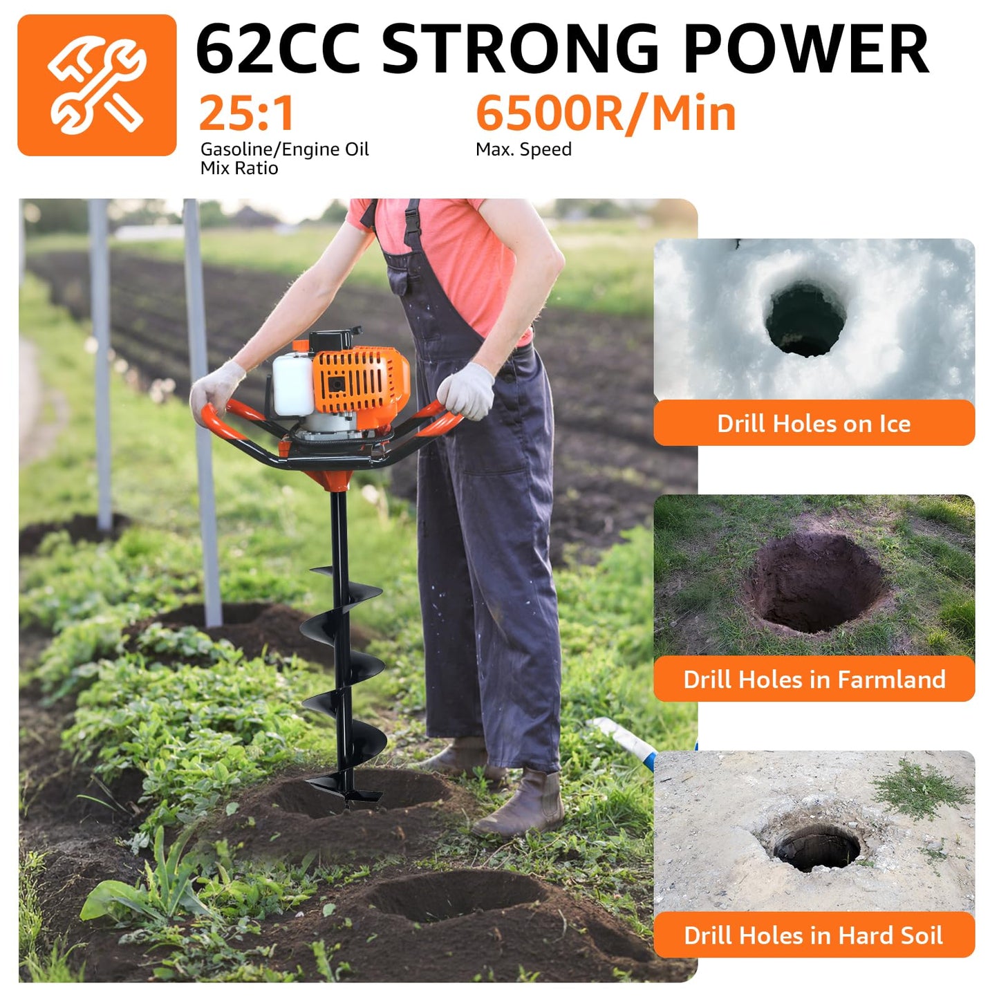 XJADQW 62CC 2-Stroke Gas Powered Post Hole Digger with 4" & 6" & 8" & 12" Auger Bits + 8“ & 12" & 20" Extension Rod, Heavy Duty Earth Auger for Farm, Garden, Landscaping, Construction
