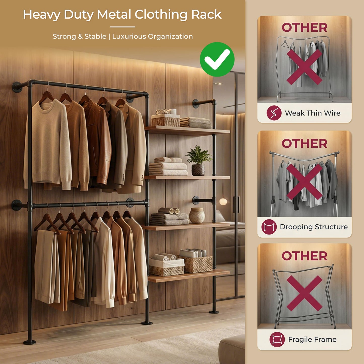 Anynice Industrial Pipe Clothing Rack, Wall Mounted Garment Black Wall Hanging Clothing Rack, Heavy Duty Clothes Rack for Walk in Closet Storage, Laundry Room, 14.6x76x82.7 Inches, Model Y02