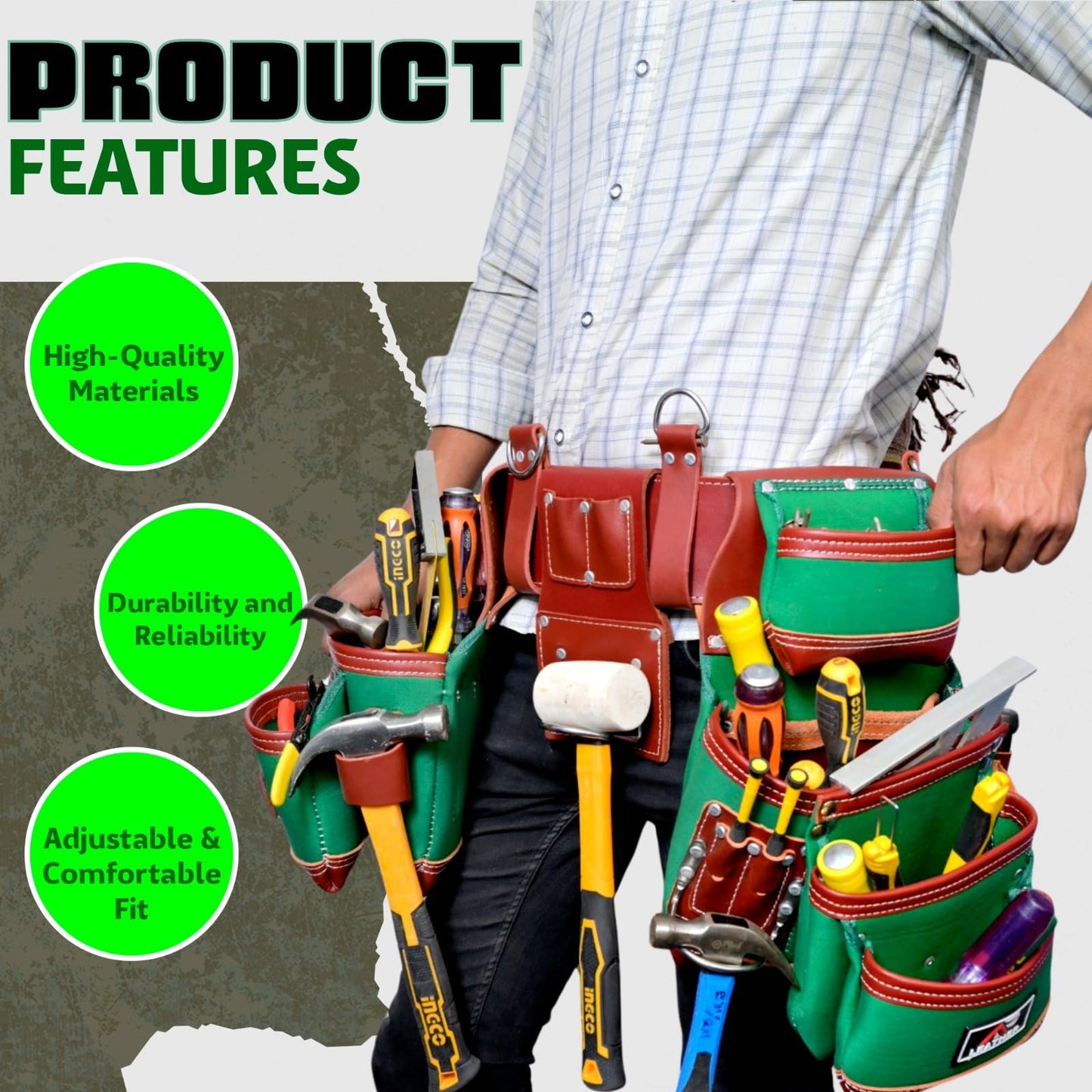 AP-LEATHER Full Grain Leather & Nylon Heavy-Duty Tool Belt Pouch with Suspender & Nylon, 28 Pocket, EVA Foam Padded Comfort, Adjustable 30"-50" Fit (Green)