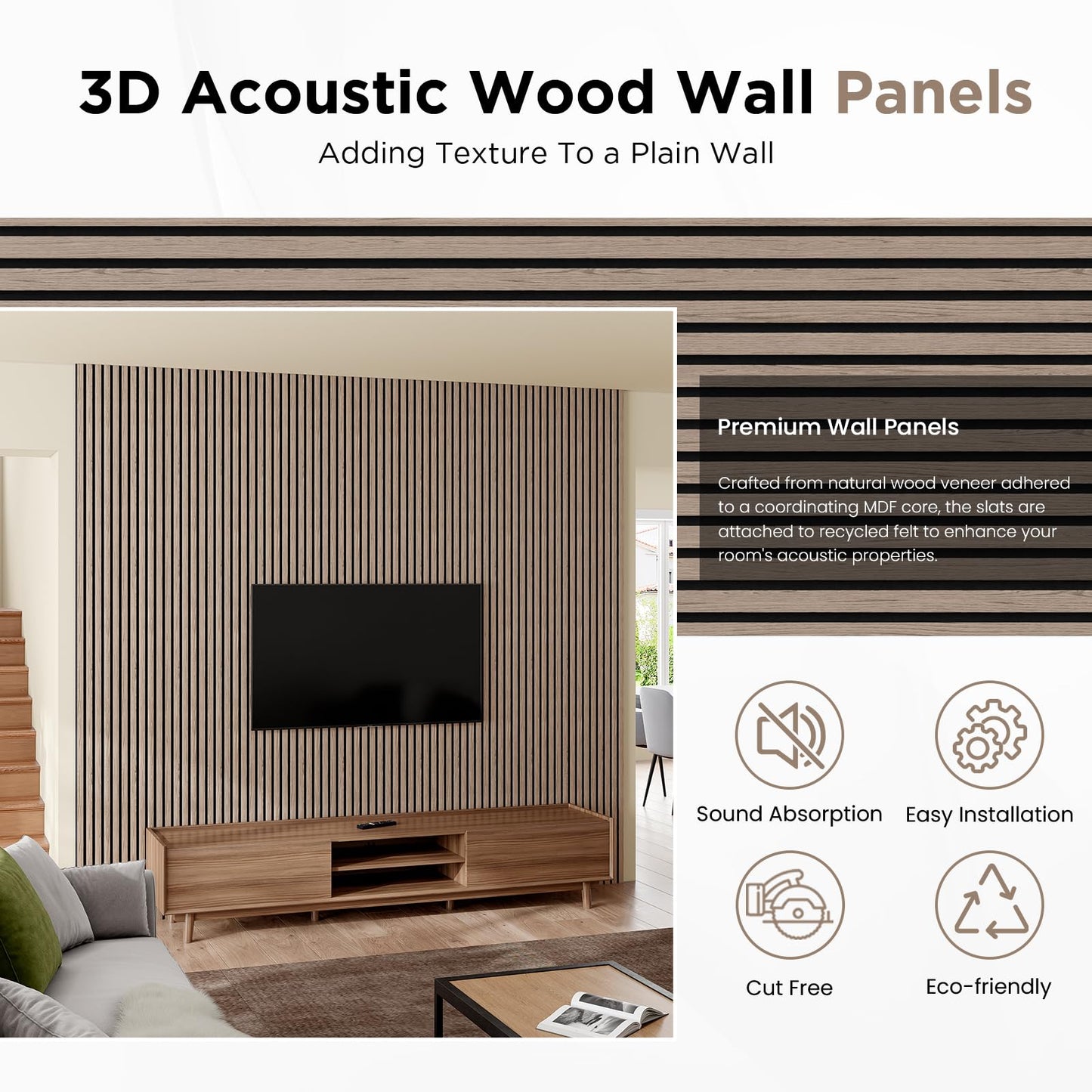 Smartstandard Wood Slat Acoustic Panels, 106" x 12.6" Each Soundpoof Wooden Slat Wall Panel - Walnut, 4 Pack