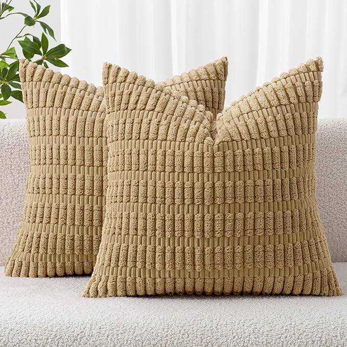 MIULEE Pack of 2 Corduroy Decorative Euro Sham Throw Pillow Covers 22x22 Inch Soft Boho Striped Pillow Covers Modern Farmhouse Home Decor for Sofa Living Room Couch Bed Khaki