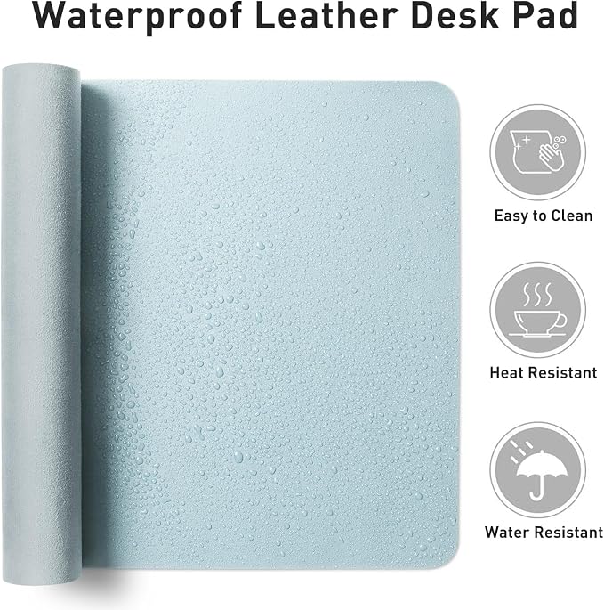 Aothia Faux Leather Desk Mat – Large Mouse Pad, Non-Slip PU Leather Blotter, Waterproof Writing Surface for Office and Home (Baby Blue, 47.2" x 23.6")
