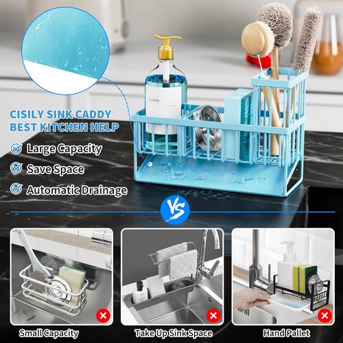 Cisily Blue Kitchen Sink Caddy Organizer - Rustproof Stainless Steel with Brush & Sponge Holder
