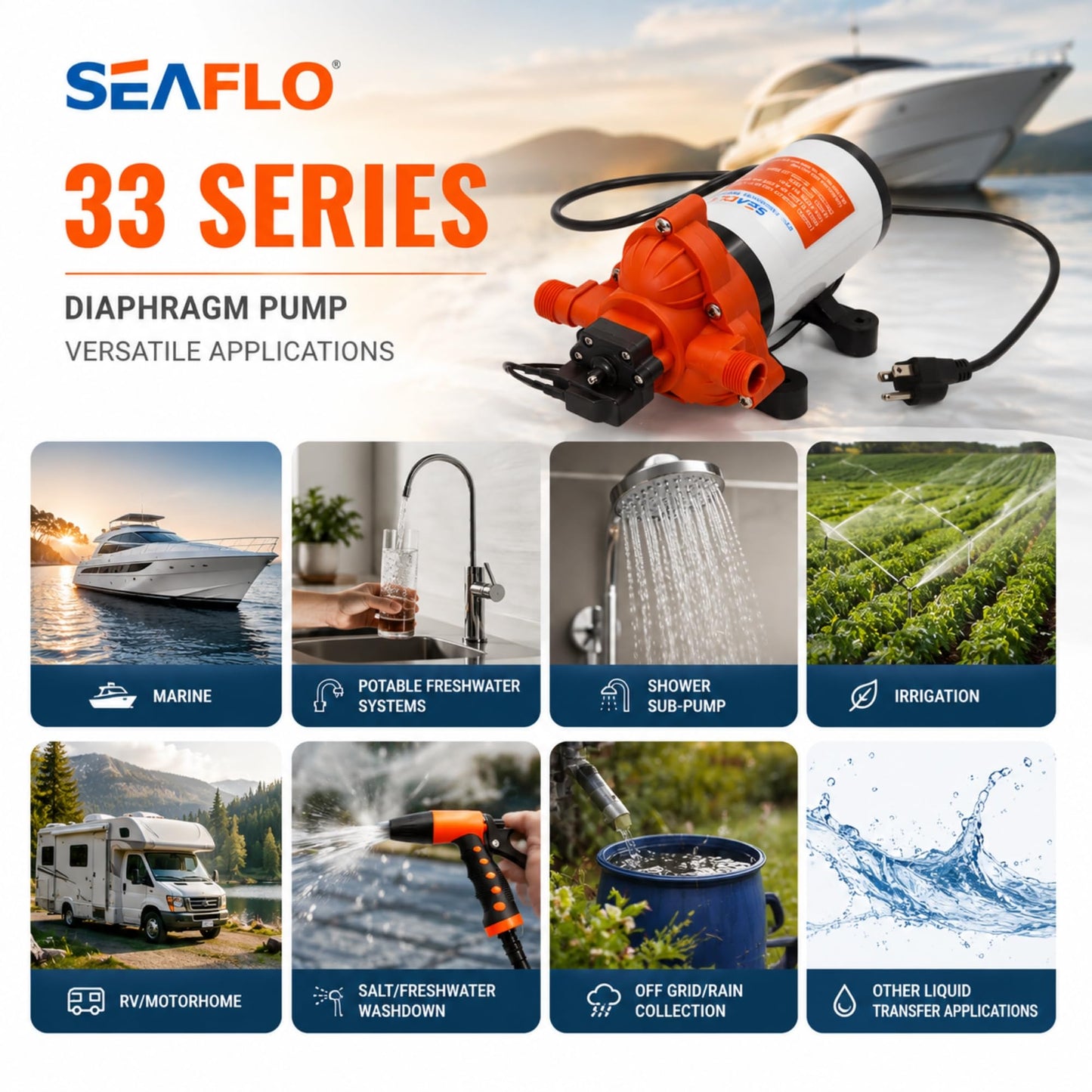 SEAFLO 33 Series 110V/115V AC Fresh Water Pump, 3.3 GPM 45 PSI Self-Priming Pressure Pump with Smart Pressure Switch, Automatic Demand Pump for RV, Caravan Marine Boat Industrial Use, 4-Year Warranty