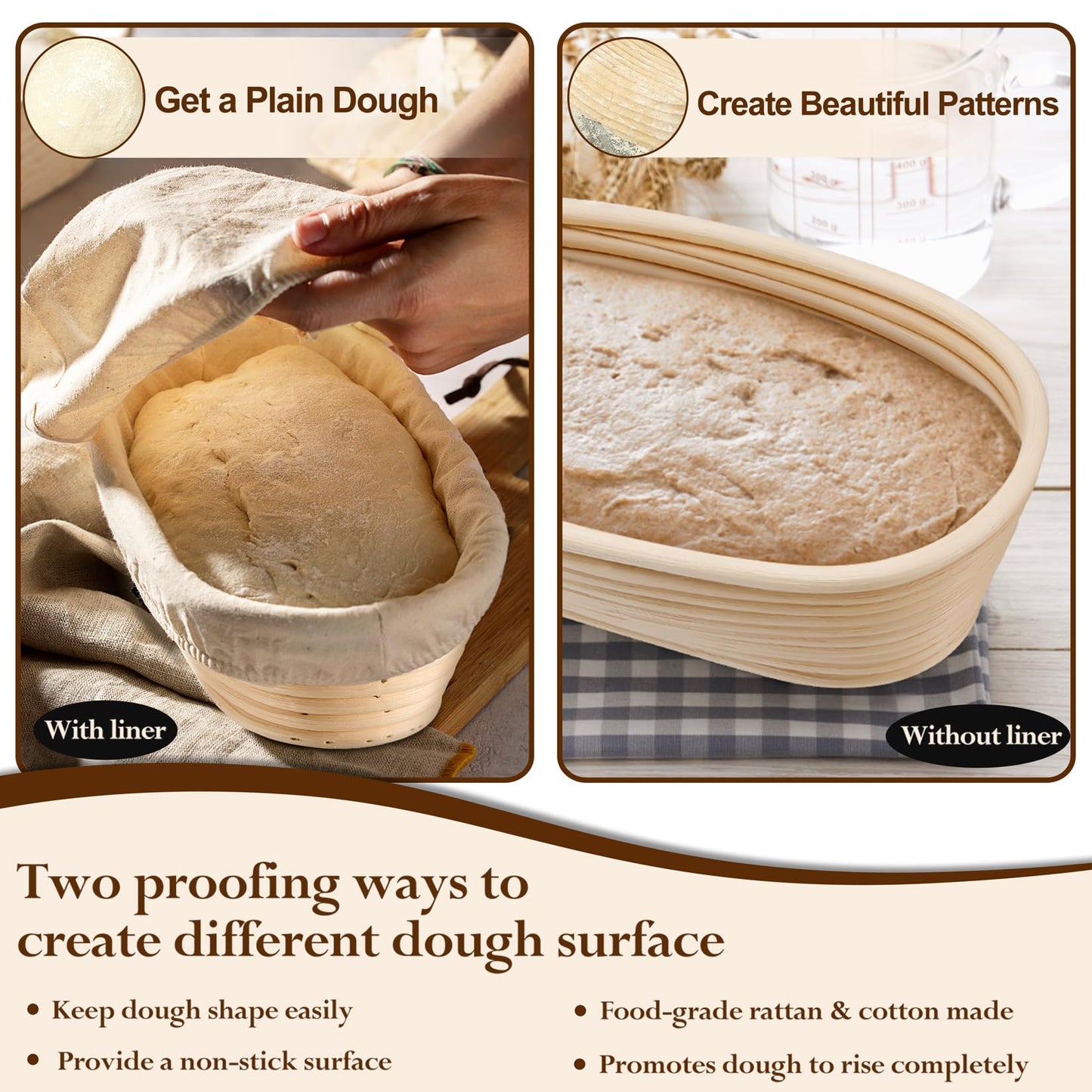 P&P CHEF Sourdough Bread Proofing Basket Set of 2, 10 Inch Oval Dough Proofing Bowls, Sourdough Bread Baking Supplies for Bakers, Handmade Rattan Baskets with Cloth Liner