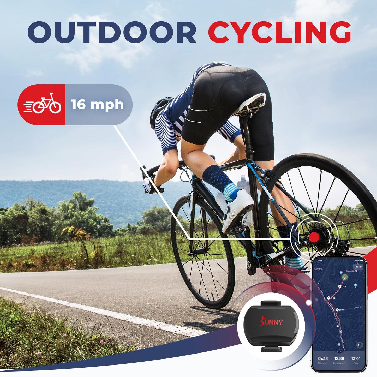 Sunny Health & Fitness 2-in-1 Advanced Cadence/RPM + Speed Sensor, Cadence Sensor Bluetooth ANT+ for Indoor/Outdoor Bikes, Magnet-Less Design for Outdoor Cycles, Exercise Bikes, and More - CB110S