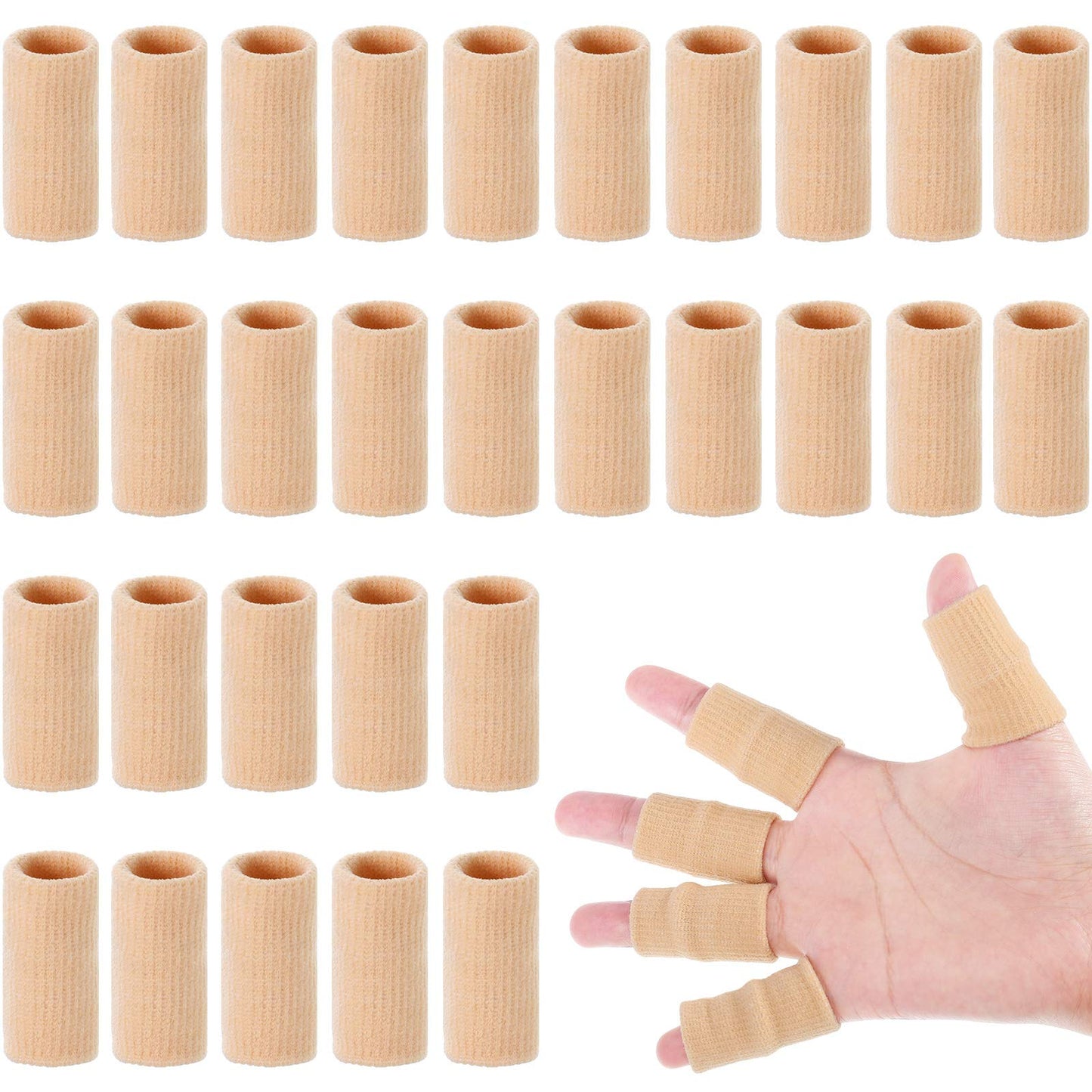 Skylety 30 Pieces Finger Sleeves with 1 Storage Bag, Thumb Splint Brace Support Protector Breathable Elastic Finger Tape for Pain Relief Arthritis Trigger Sports Basketball Baseball(Beige)