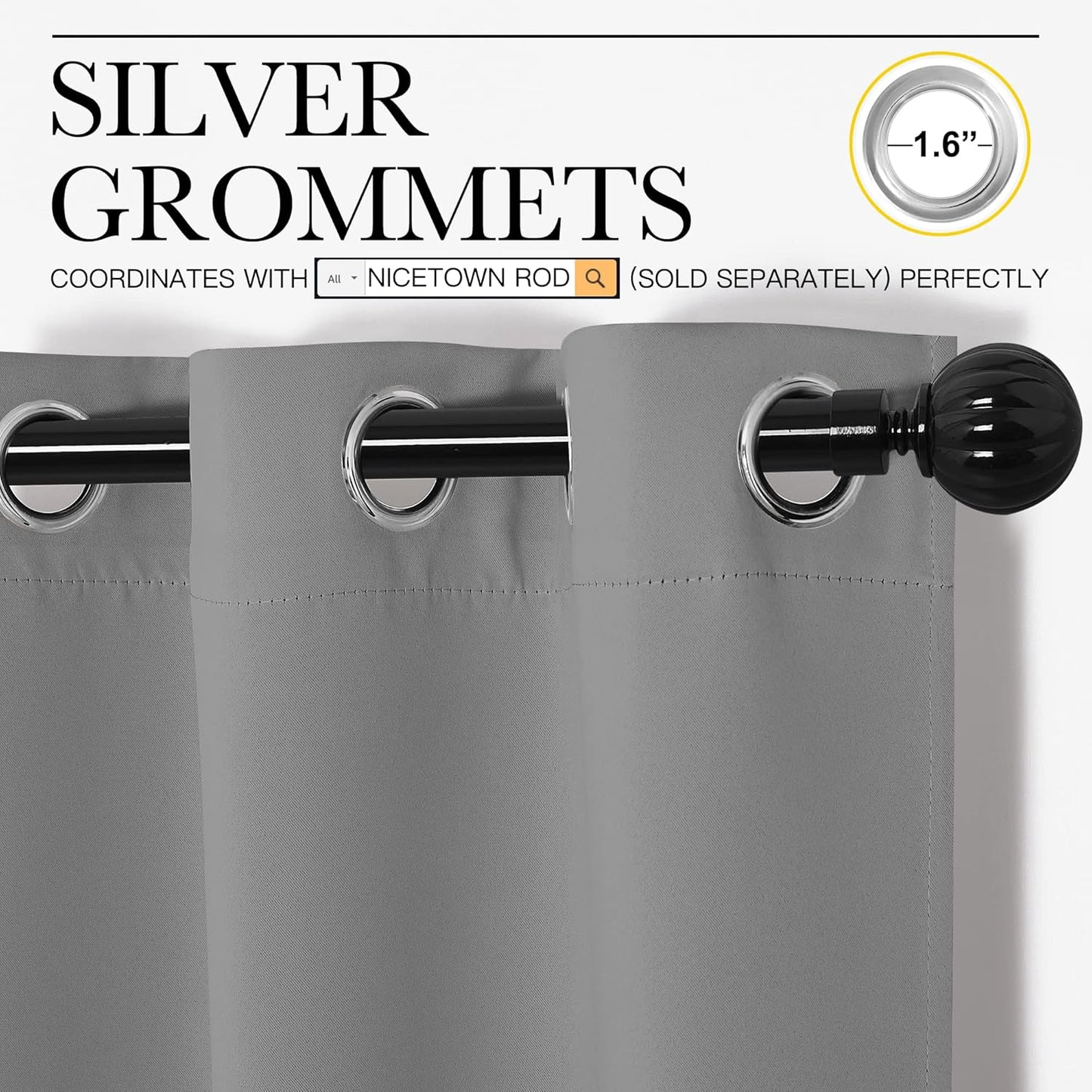 NICETOWN Silver Grey Room Darkening Curtain Panels - 96" Long | Heat-Blocking Drapes for RV & Studio (2 Panels, 55" Width)