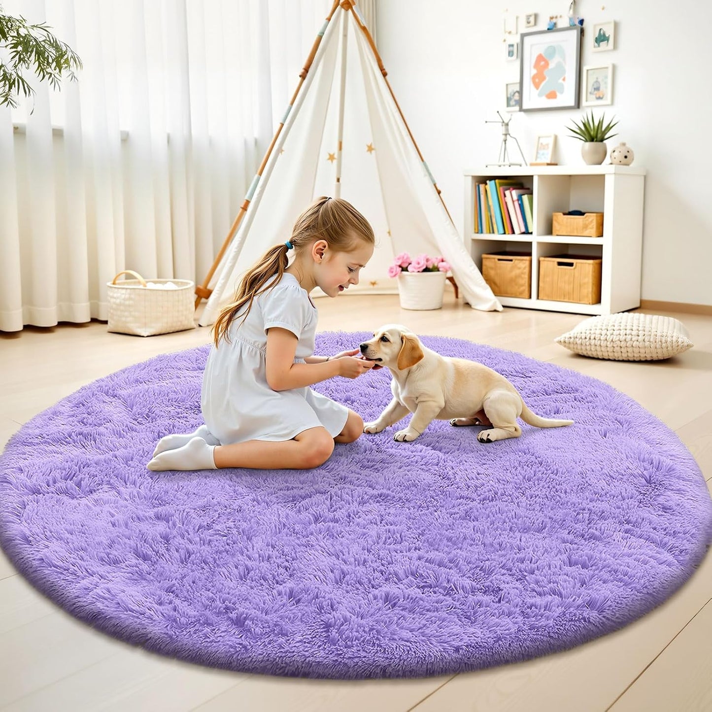 OLANLY Round Light Purple Area Rug - Soft, Fluffy, Machine Washable 8 ft Circle Carpet for Bedrooms & Nurseries